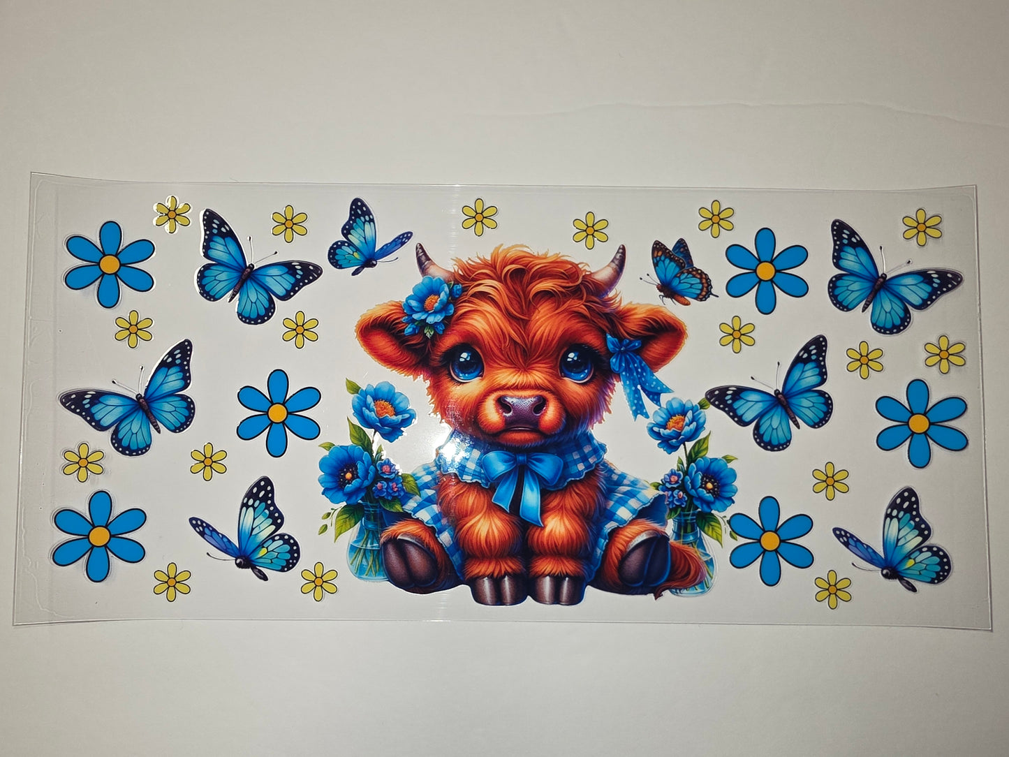 Cute Highland Cow & Blue Butterfly Tumbler Wrap | Floral & Gingham Design