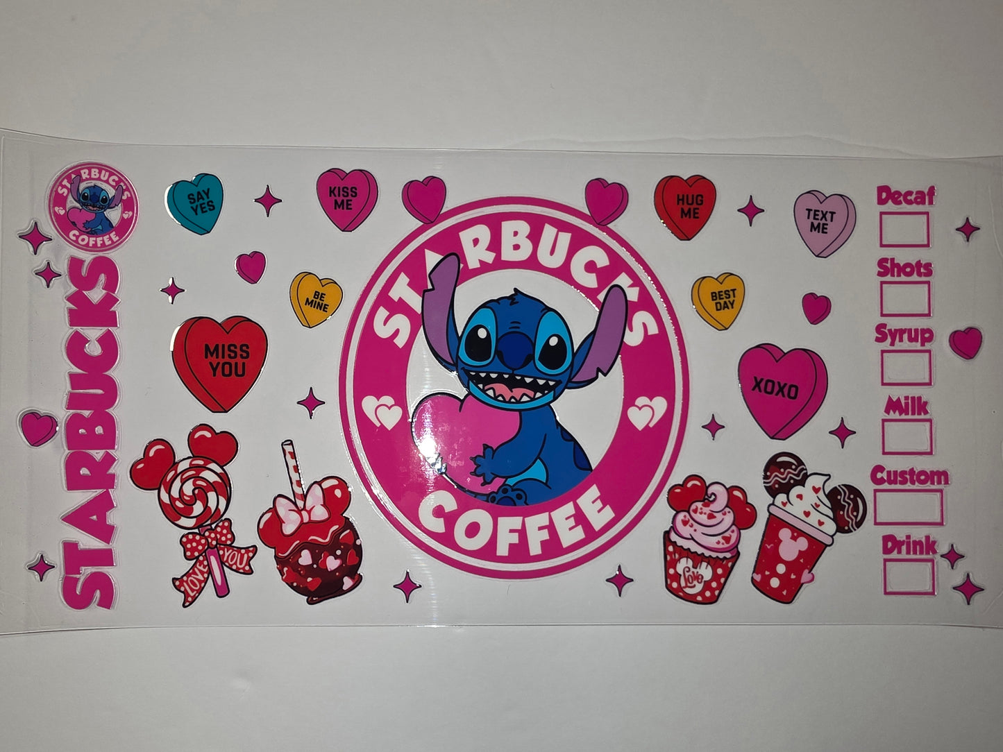 Cute Stitch Starbucks Valentine's Day Tumbler Wrap | Pink & Red Coffee Cup Design