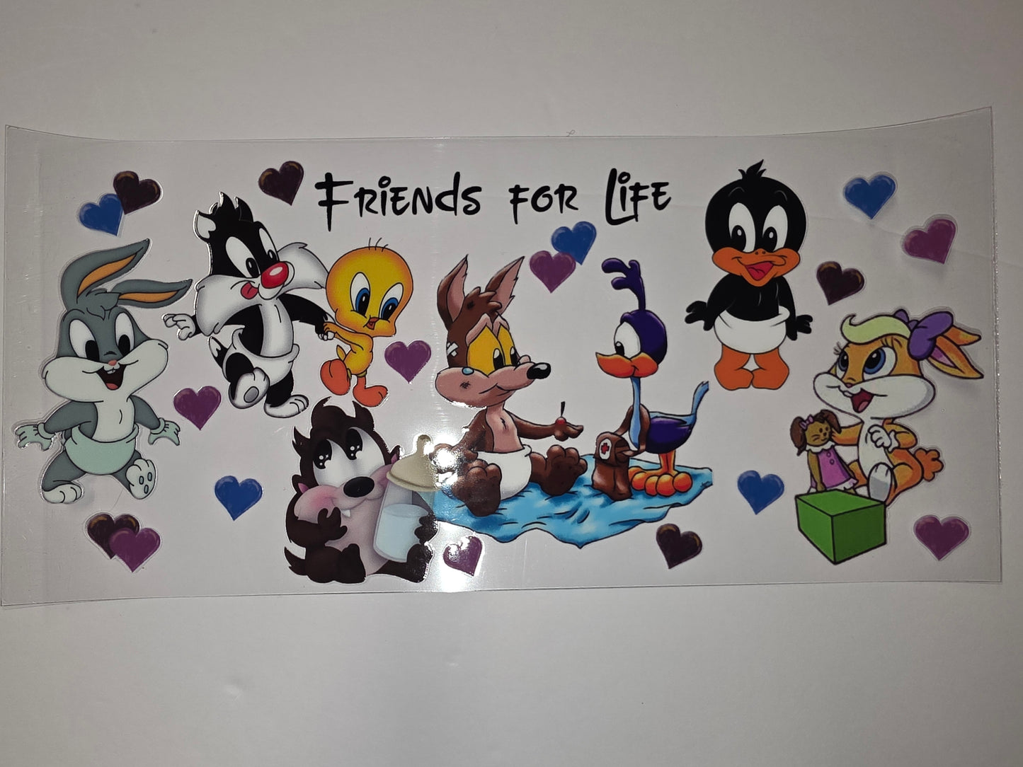 Baby Looney Tunes Friends for Life Tumbler Wrap | Cute Cartoon Characters | Blue, Purple, Yellow Hearts