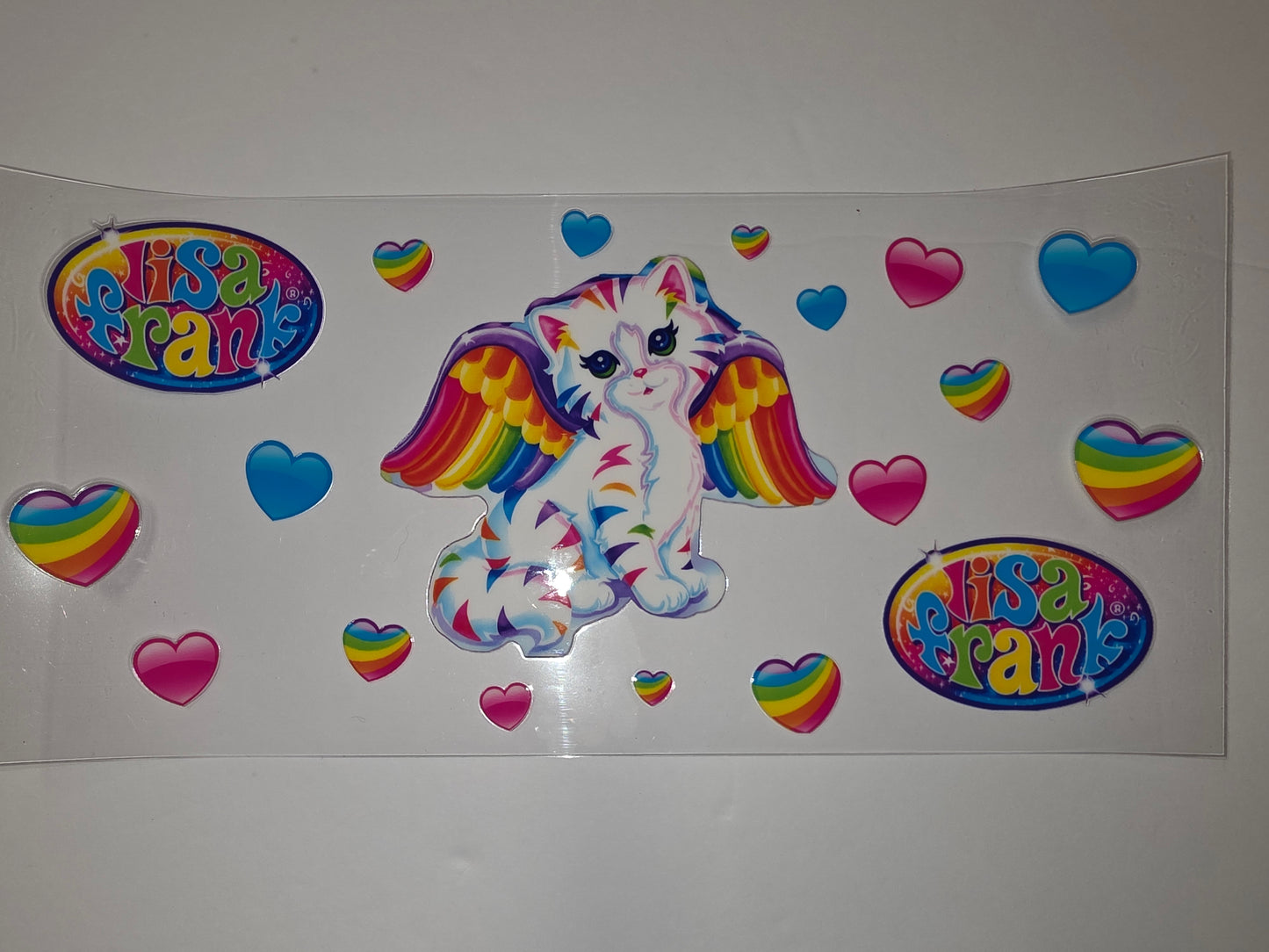 Lisa Frank Rainbow Winged Kitten Tumbler Wrap | Cute Cat & Hearts Design
