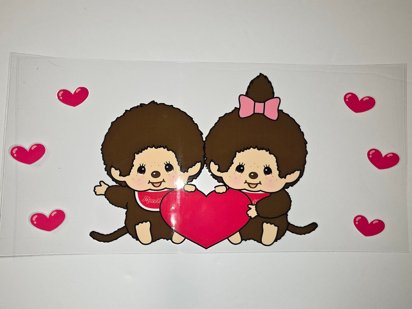 Monchhichi Couple Holding Heart Tumbler Wrap - Pink Hearts, Cute Cartoon Design