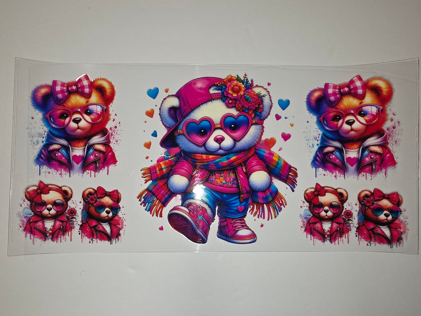 Vibrant Teddy Bear Tumbler Wrap - Pink, Blue, Rainbow Hearts & Flowers - Sublimation Design