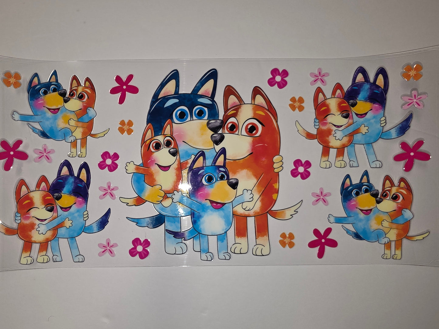 Bluey Family Hugs Tumbler Wrap - Cartoon Dog Design with Flowers