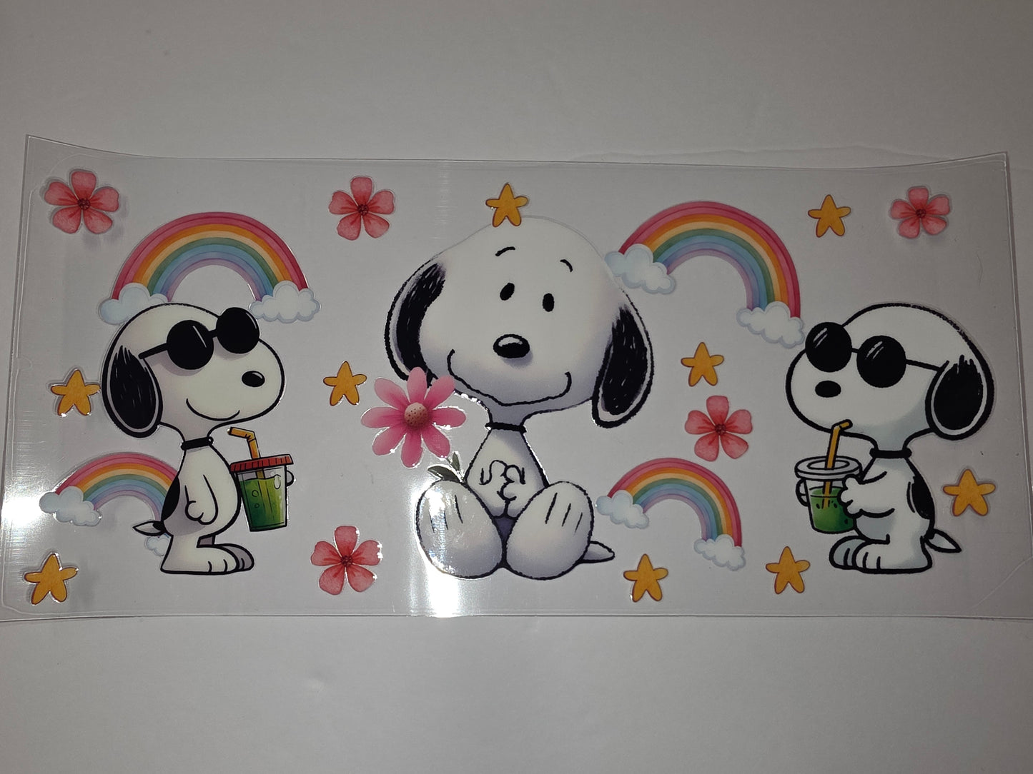 Snoopy Rainbow & Flowers Tumbler Wrap | Cute Cartoon Drinkware Design