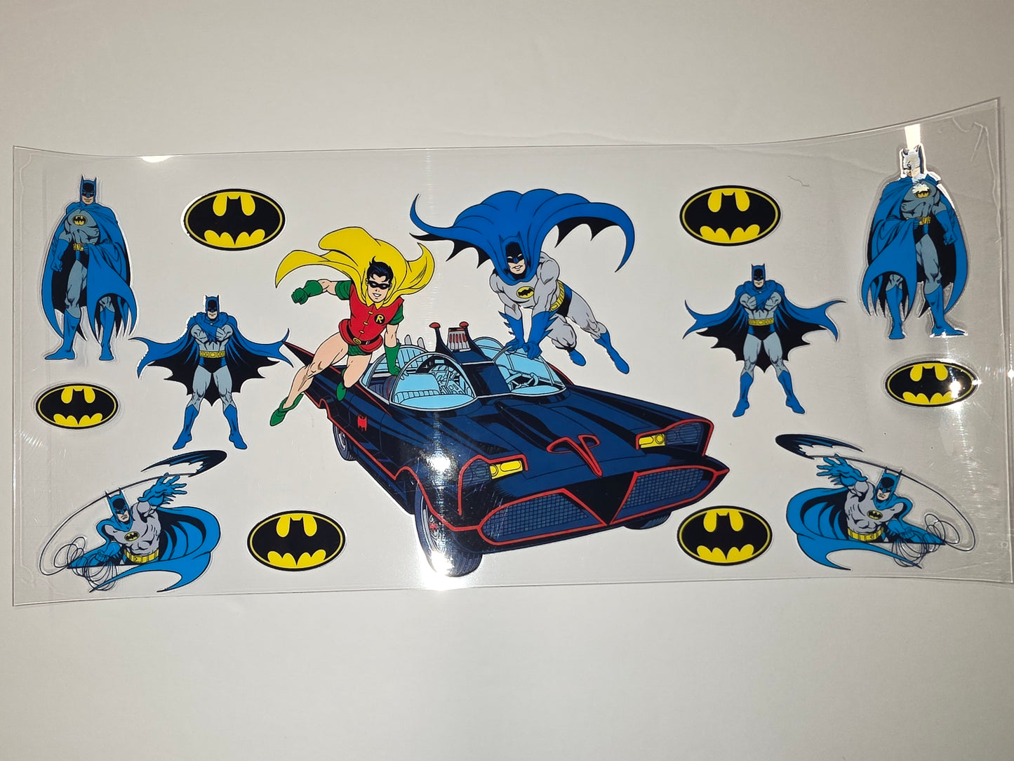 Retro Batman & Robin Tumbler Wrap | Classic Batmobile Design | Blue, Yellow & Red