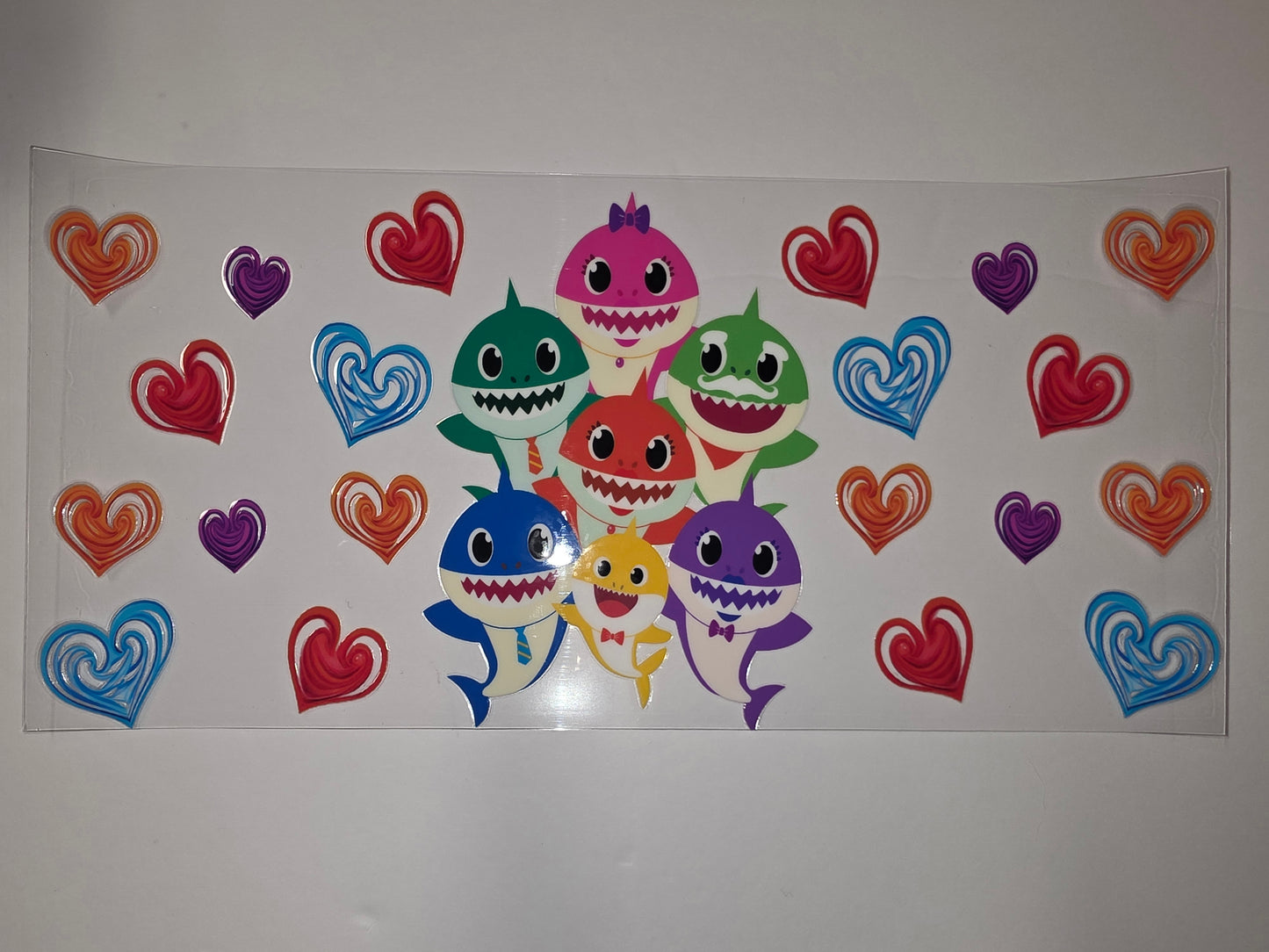 Baby Shark Family Tumbler Wrap | Cute Cartoon Sharks & Hearts Design | Kids Drinkware Decal