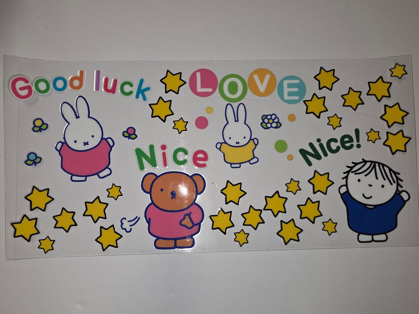 Cute Cartoon Bunny & Bear Tumbler Wrap | "Good Luck Love Nice" Stars Design