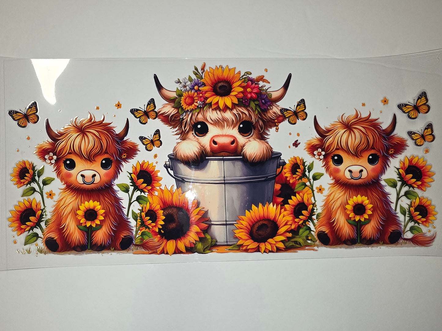 Cute Highland Cow Sunflower Butterfly Tumbler Wrap | Boho Farmhouse Drinkware Design