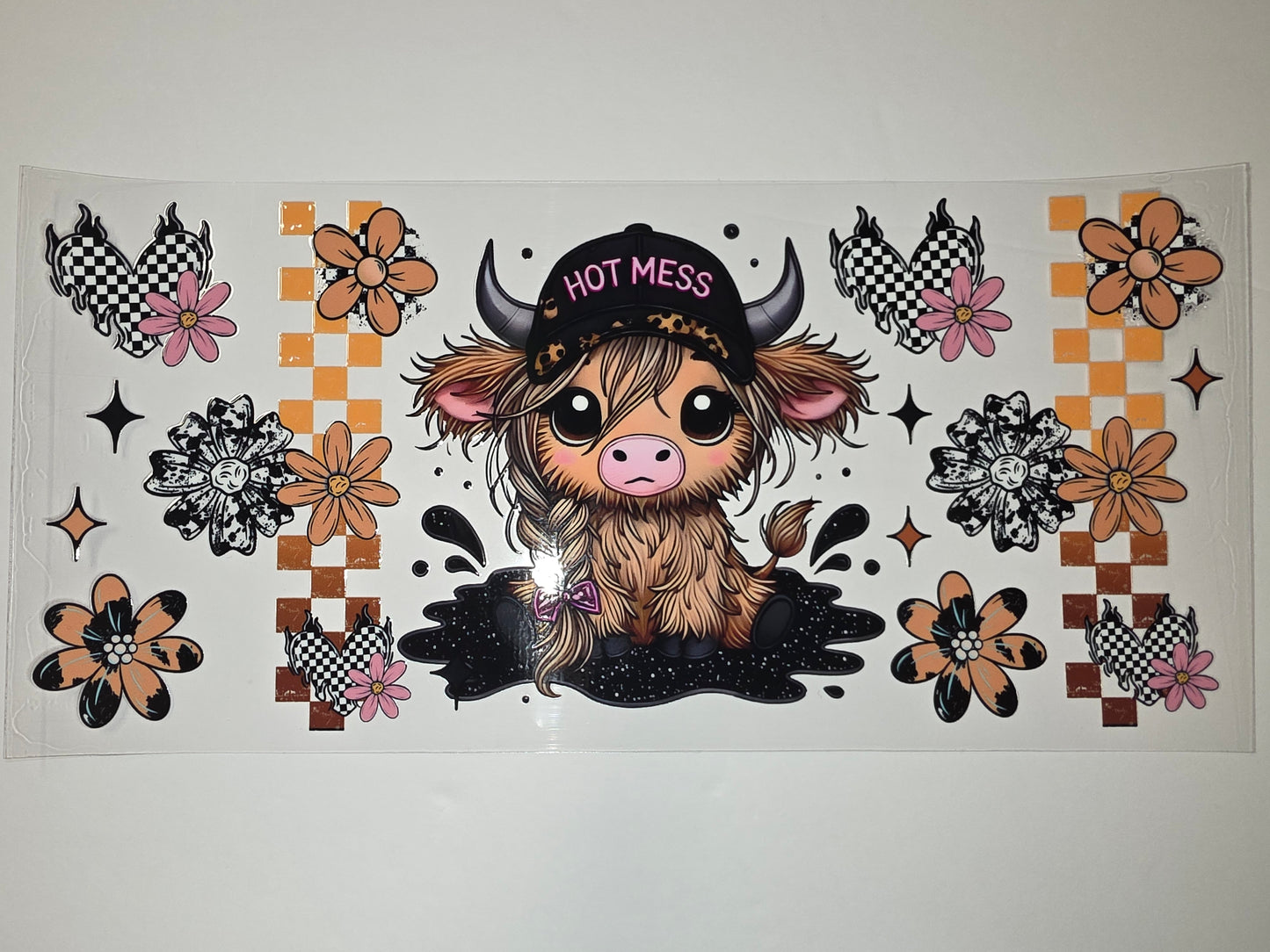 Cute Highland Cow "Hot Mess" Tumbler Wrap | Retro Flowers & Checkerboard Design