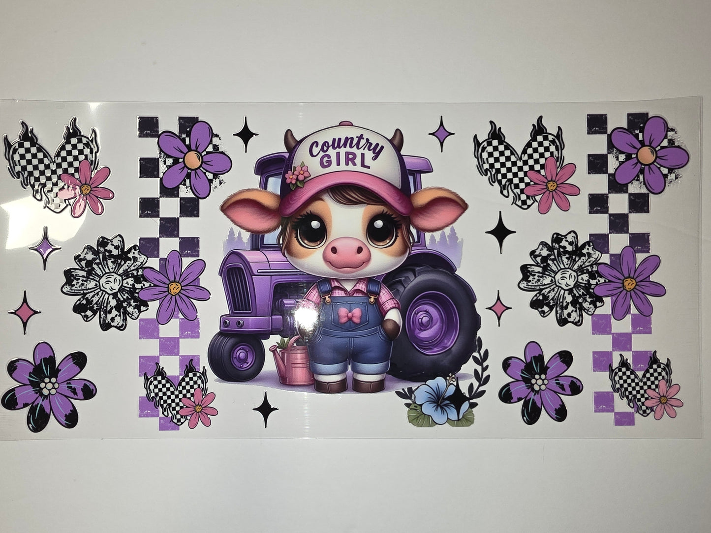 Cute Cow "Country Girl" Tractor Tumbler Wrap - Purple & Pink Farmhouse Design