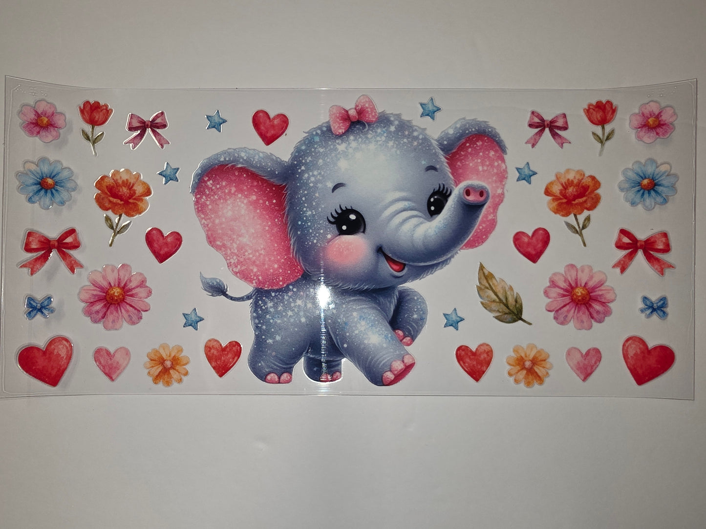 Cute Glitter Elephant Tumbler Wrap | Pink Flowers, Hearts & Stars | Sublimation Design