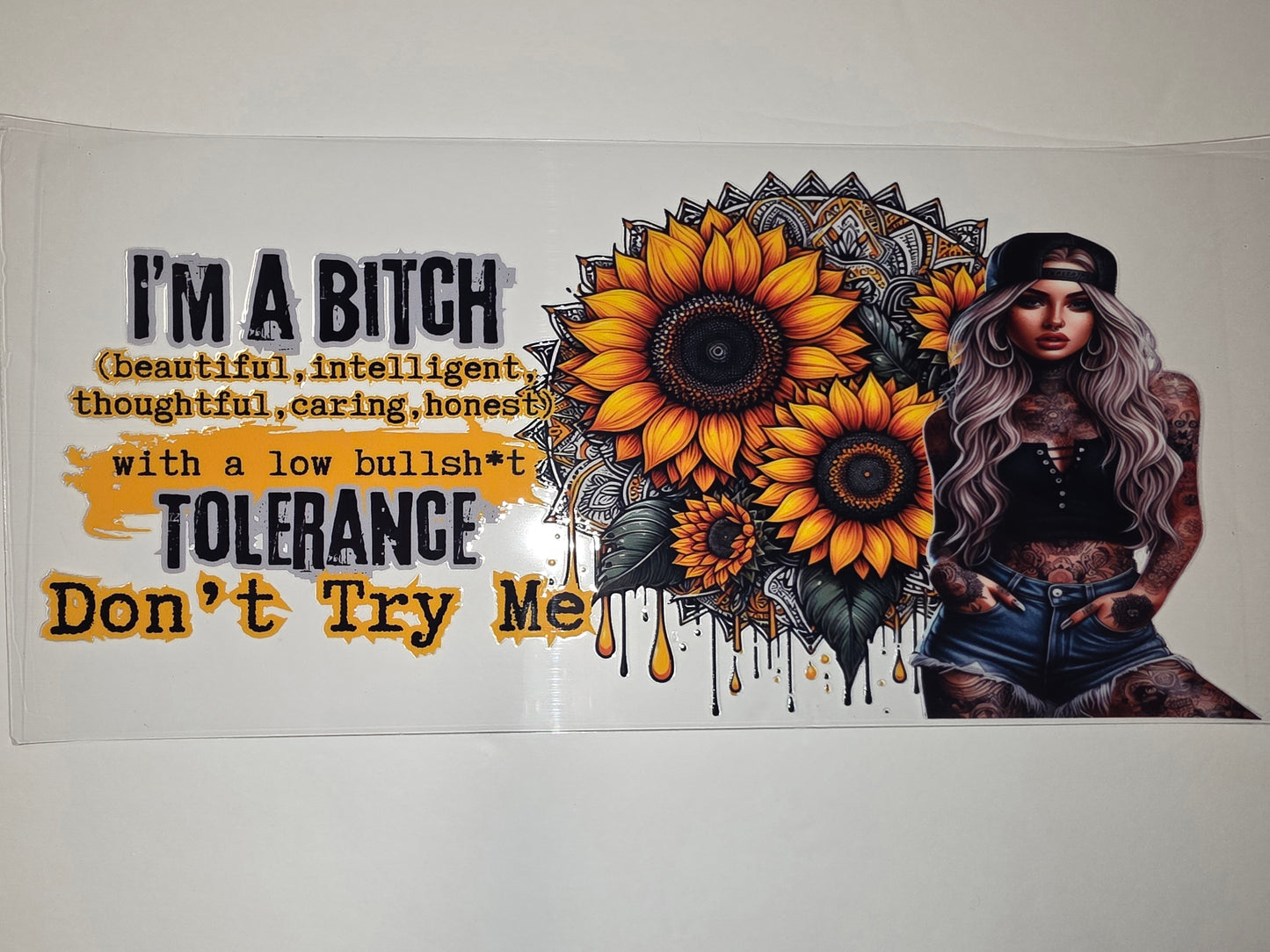 Sunflower Tattoo Girl "I'm A Bitch" Tumbler Wrap | Bold & Beautiful Drinkware Design