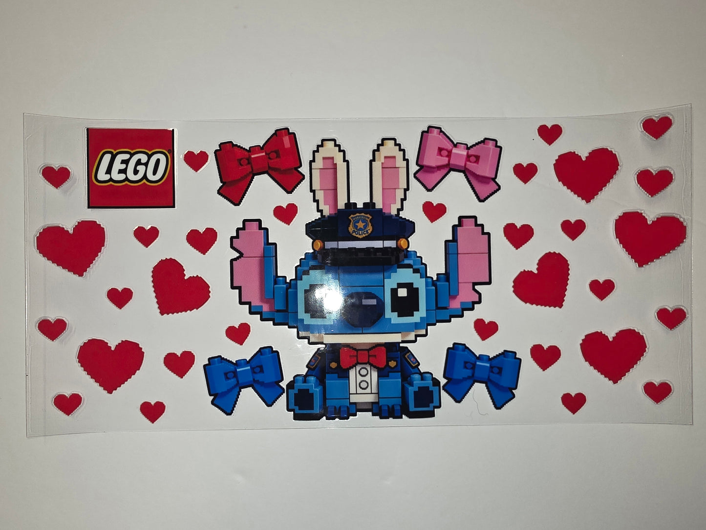 Pixelated Stitch Police Officer Tumbler Wrap | Red Hearts & Bows | Cute Character Drinkware Design