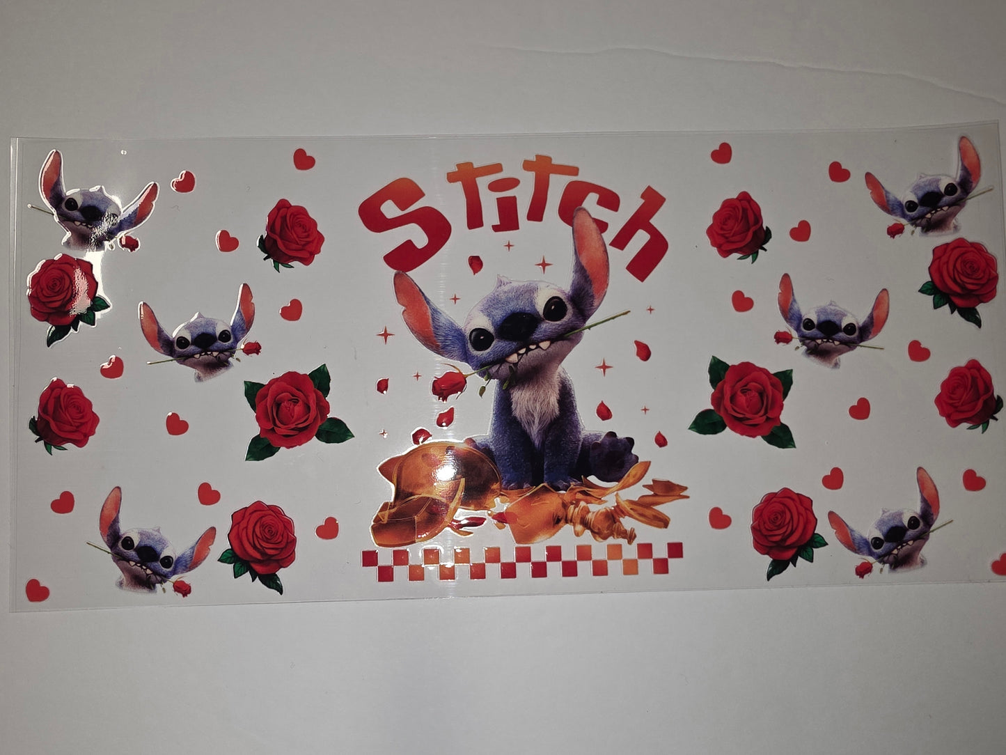 Cute Stitch with Roses and Hearts Tumbler Wrap | Red & Blue Design
