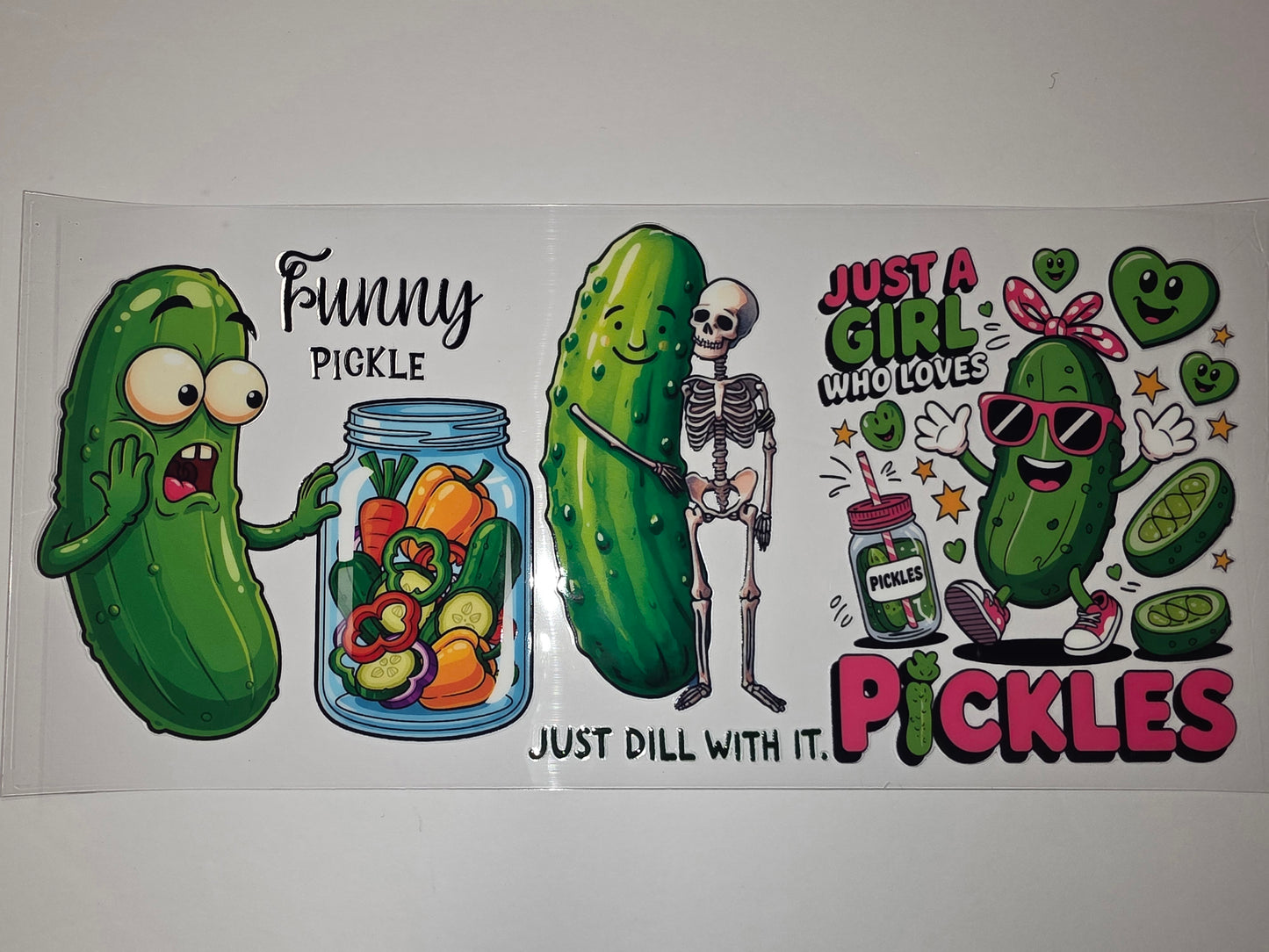 Funny Pickle Tumbler Wrap - Cartoon Dill & Skeleton Design - Green & Pink