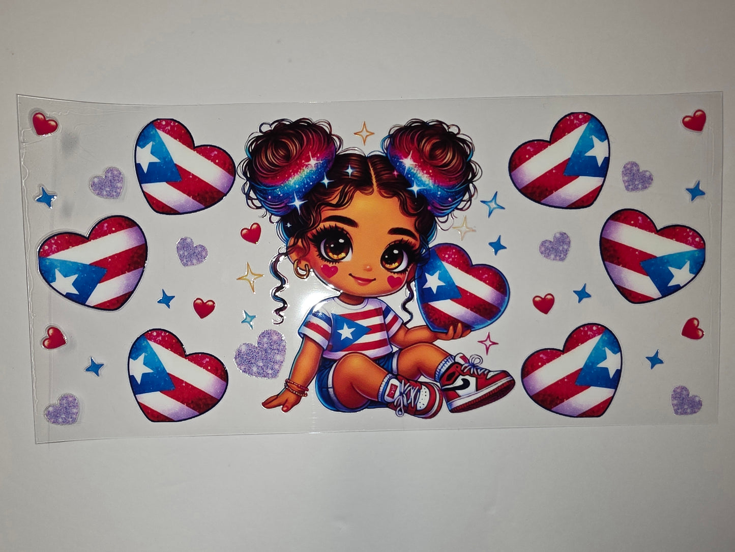 Puerto Rican Girl & Flag Heart Tumbler Wrap | Red, White, Blue, Sparkle Design