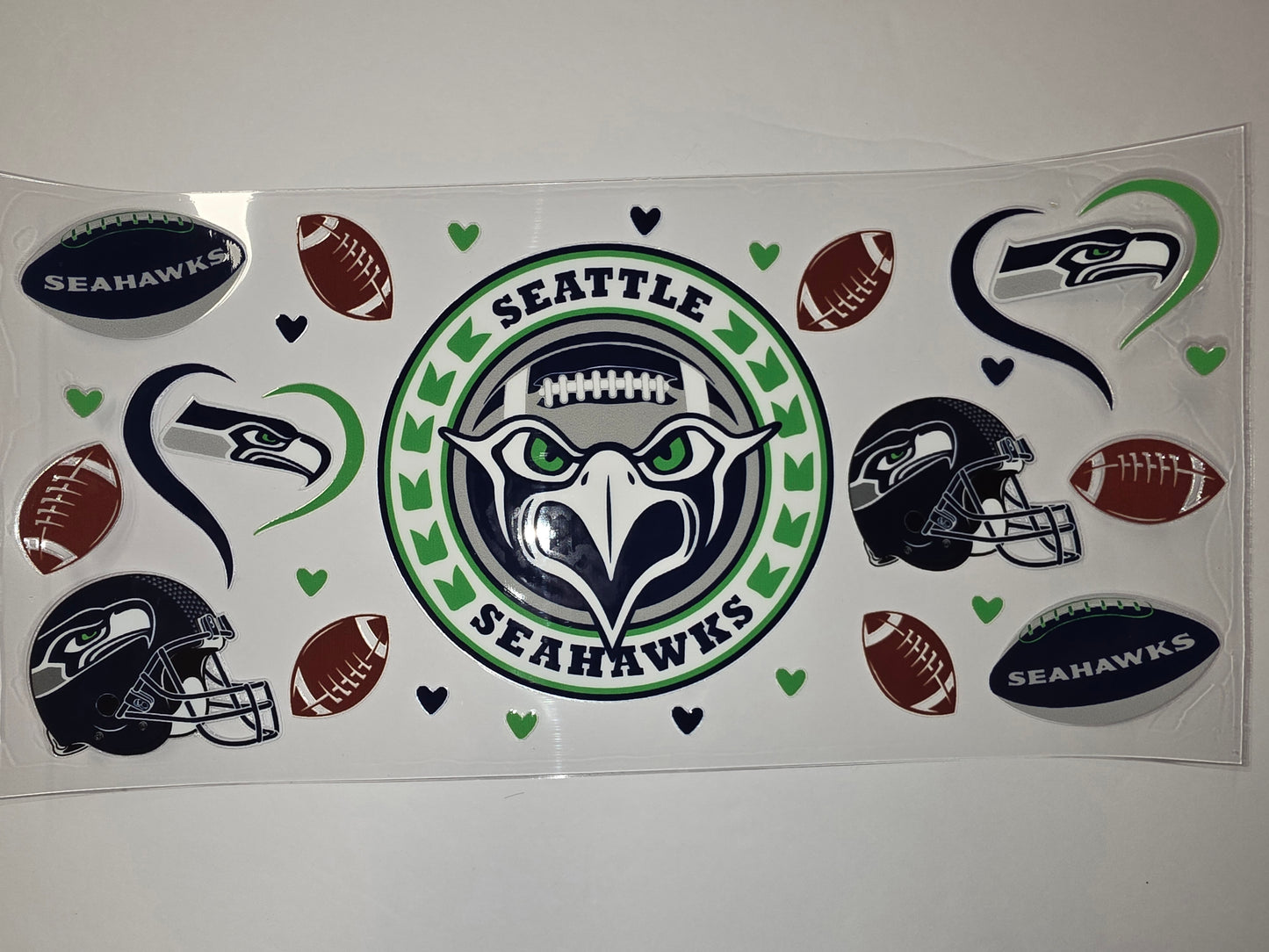 Seattle Seahawks Tumbler Wrap Design - Football Helmets, Eagles & Hearts - Navy, Green & White