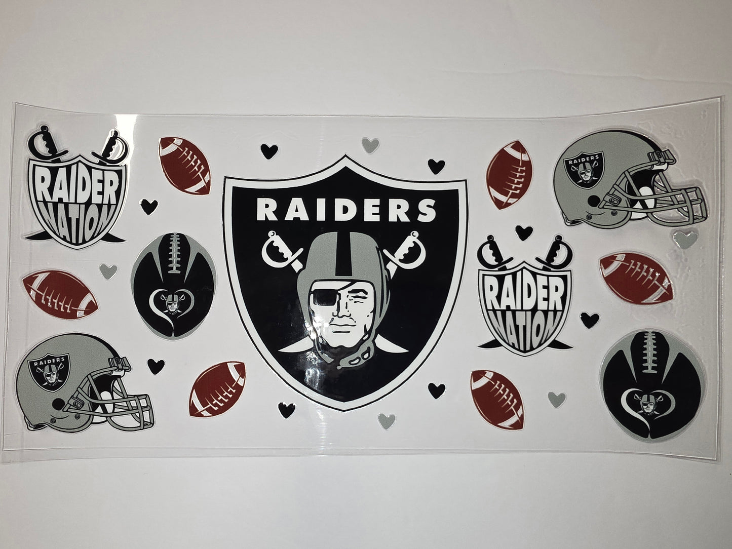 Las Vegas Raiders Tumbler Wrap - Football Helmet, Logo & Hearts - Black, Silver, White