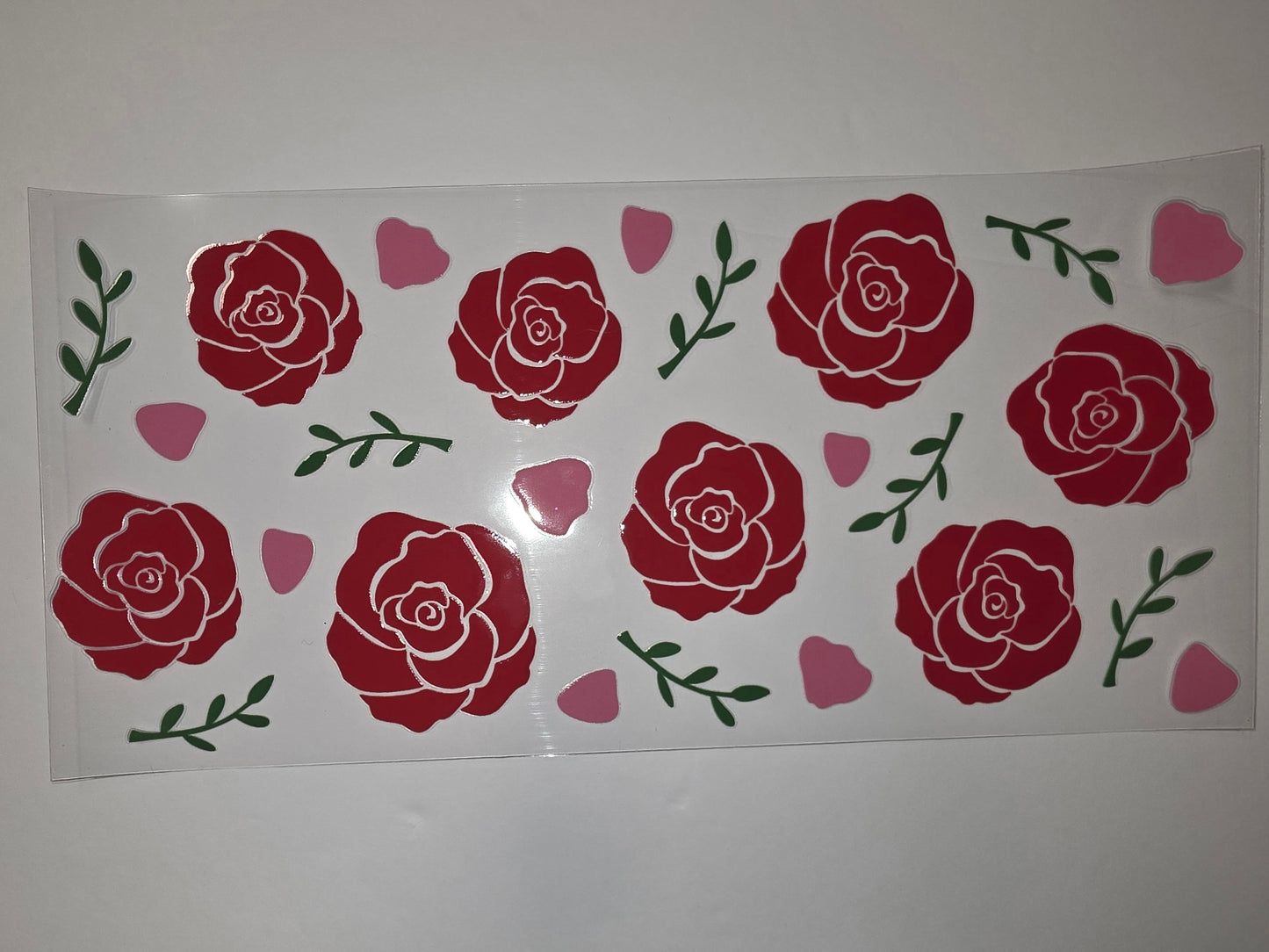 Red Rose Tumbler Wrap - Floral Design with Green Leaves & Pink Accents