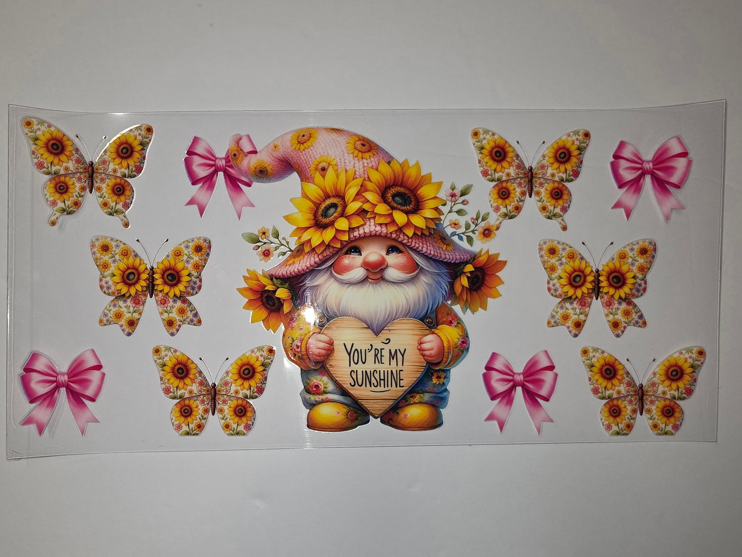 Sunflower Gnome & Butterfly Tumbler Wrap - Yellow, Orange, Pink - Whimsical Garden Design