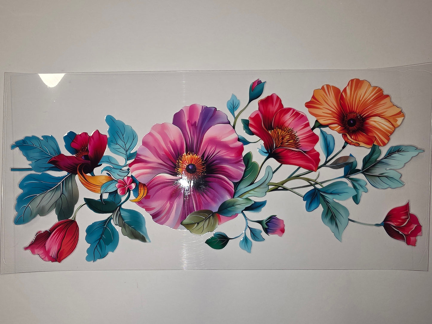 Vibrant Floral Tumbler Wrap - Pink, Red, Orange Flowers & Teal Leaves