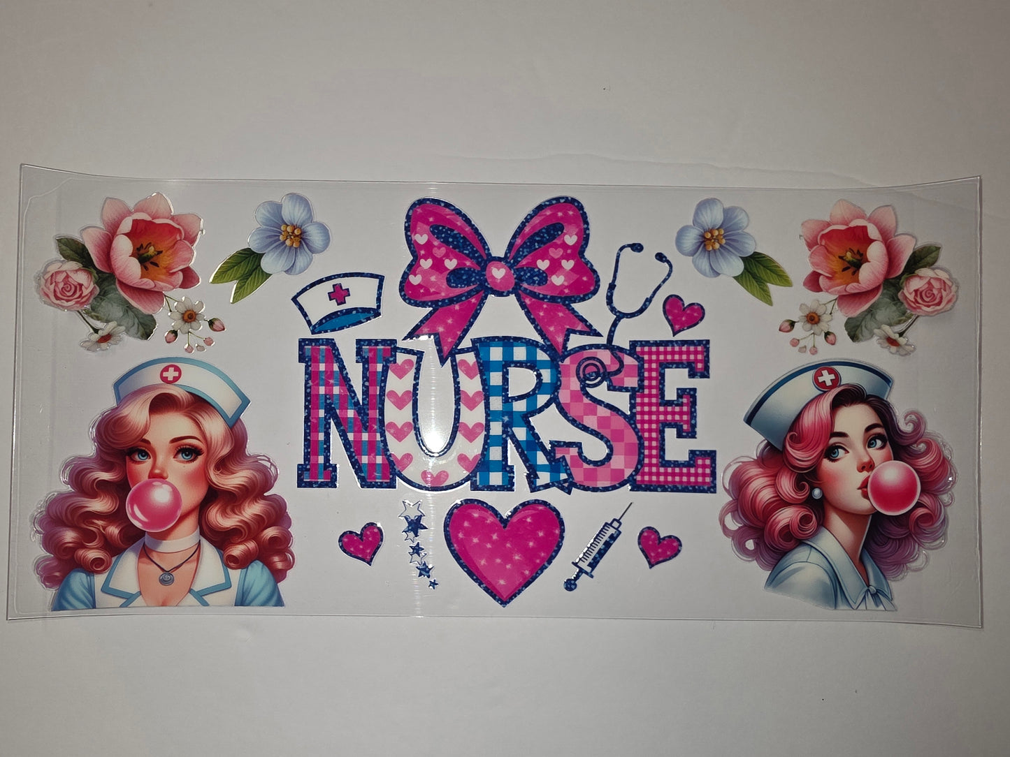 Retro Nurse Tumbler Wrap - Pink & Blue Gingham, Flowers, Pin-up Style
