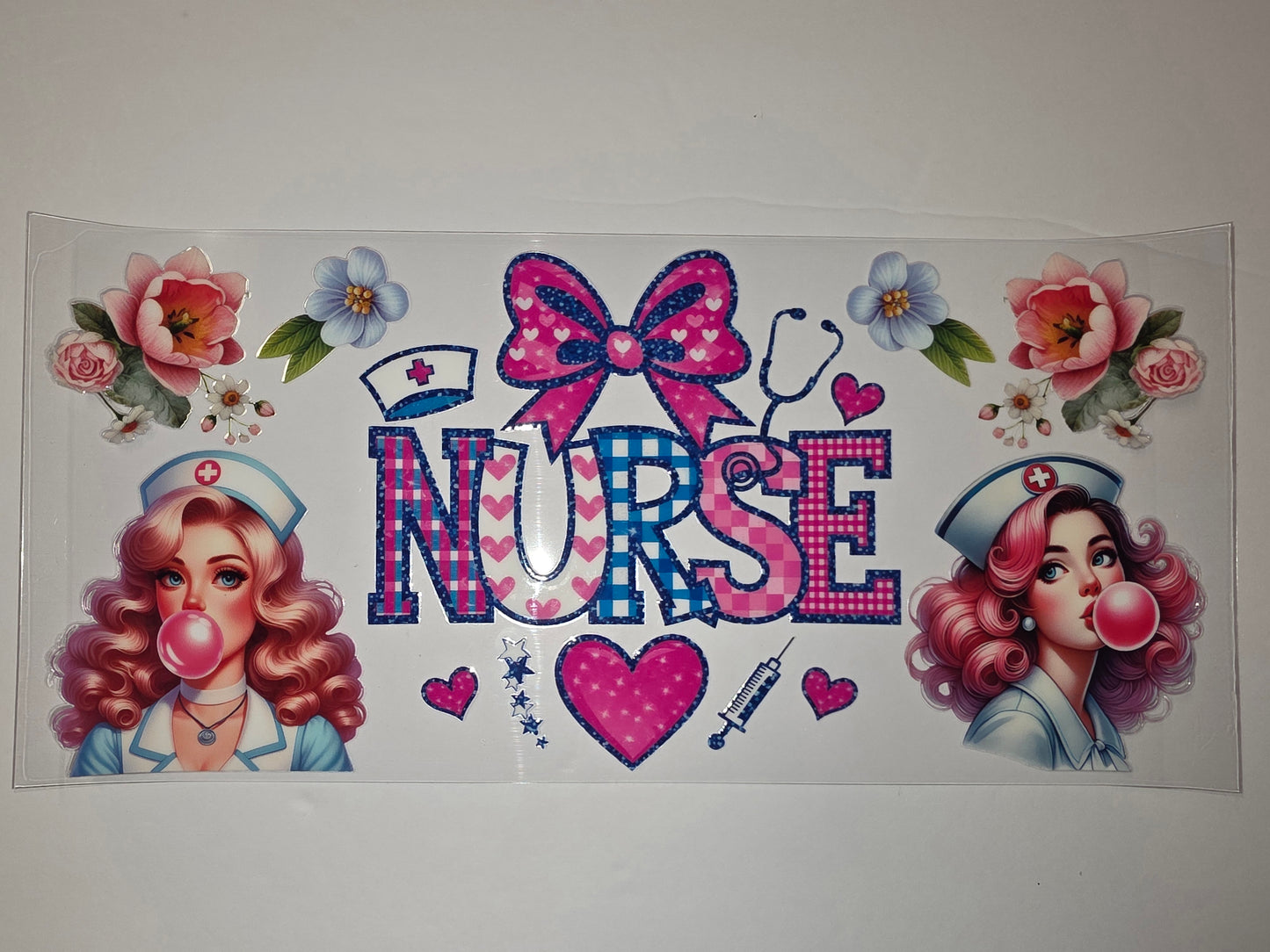 Retro Nurse Tumbler Wrap - Pink & Blue Plaid, Flowers, Hearts, and Pin-Up Style