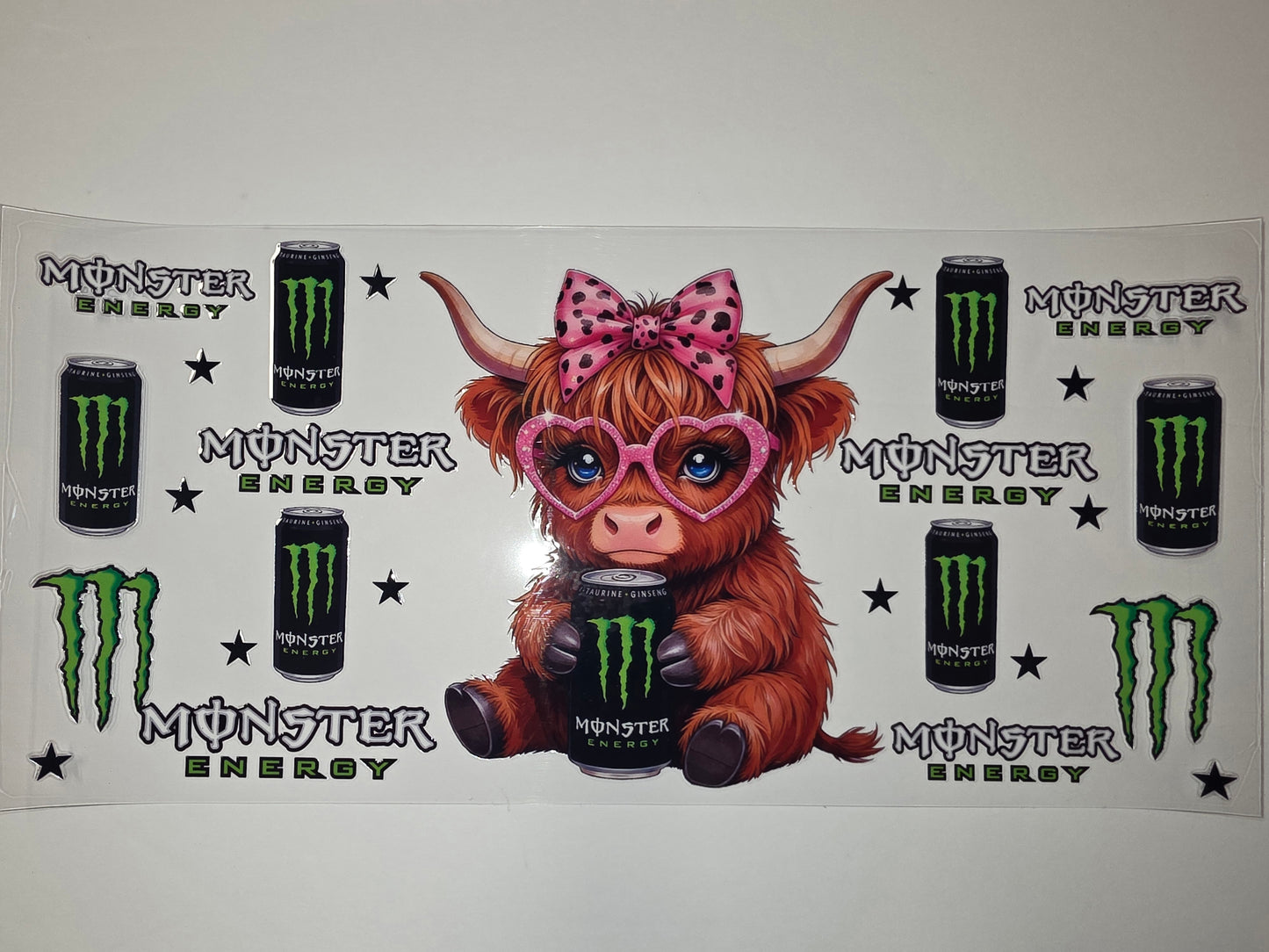 Cute Highland Cow with Monster Energy Cans Tumbler Wrap | Pink Bow & Heart Glasses