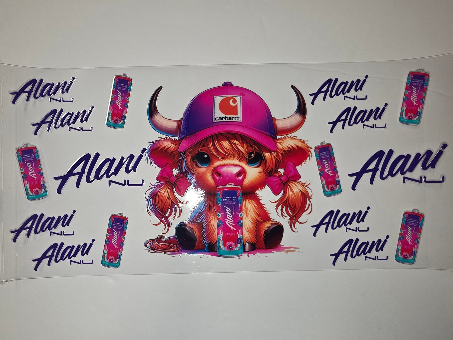 Cute Highland Cow with Alani Can Tumbler Wrap - Pink & Purple Energy Drink Design