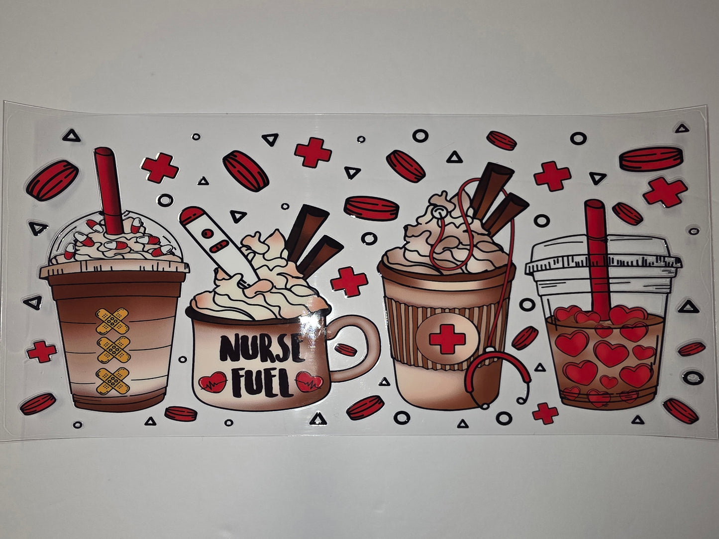 Nurse Fuel Coffee Tumbler Wrap - Medical Theme, Red & White Accents, Cute Drink Design