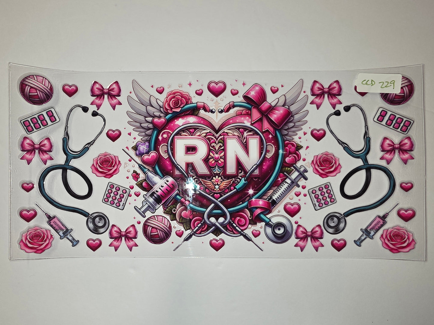 Pink RN Nurse Heart Tumbler Wrap | Stethoscope, Roses, Syringe Design | Sublimation Cup Decal