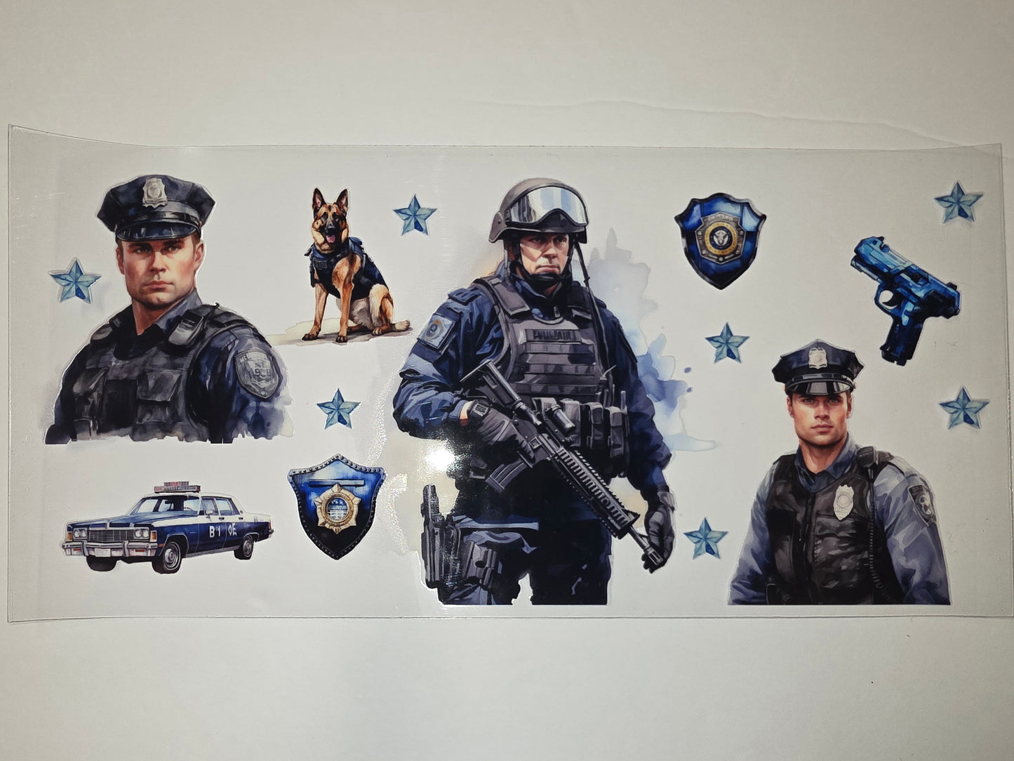 Police Officer & K9 Tumbler Wrap - Law Enforcement Design with Blue Stars & Gun