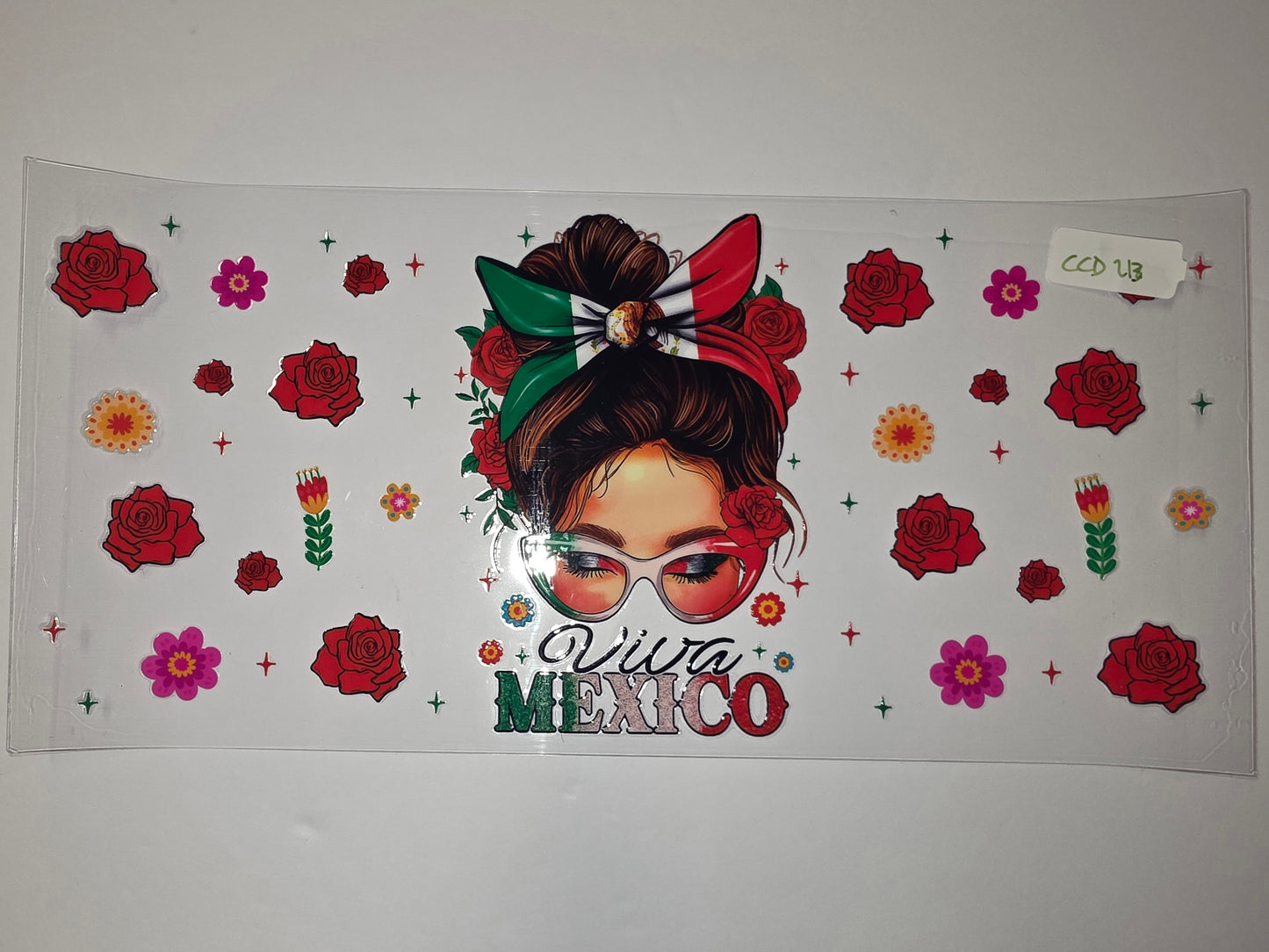 Viva Mexico Messy Bun Girl Tumbler Wrap | Red Roses & Floral Design | Mexican Flag Hair Bow