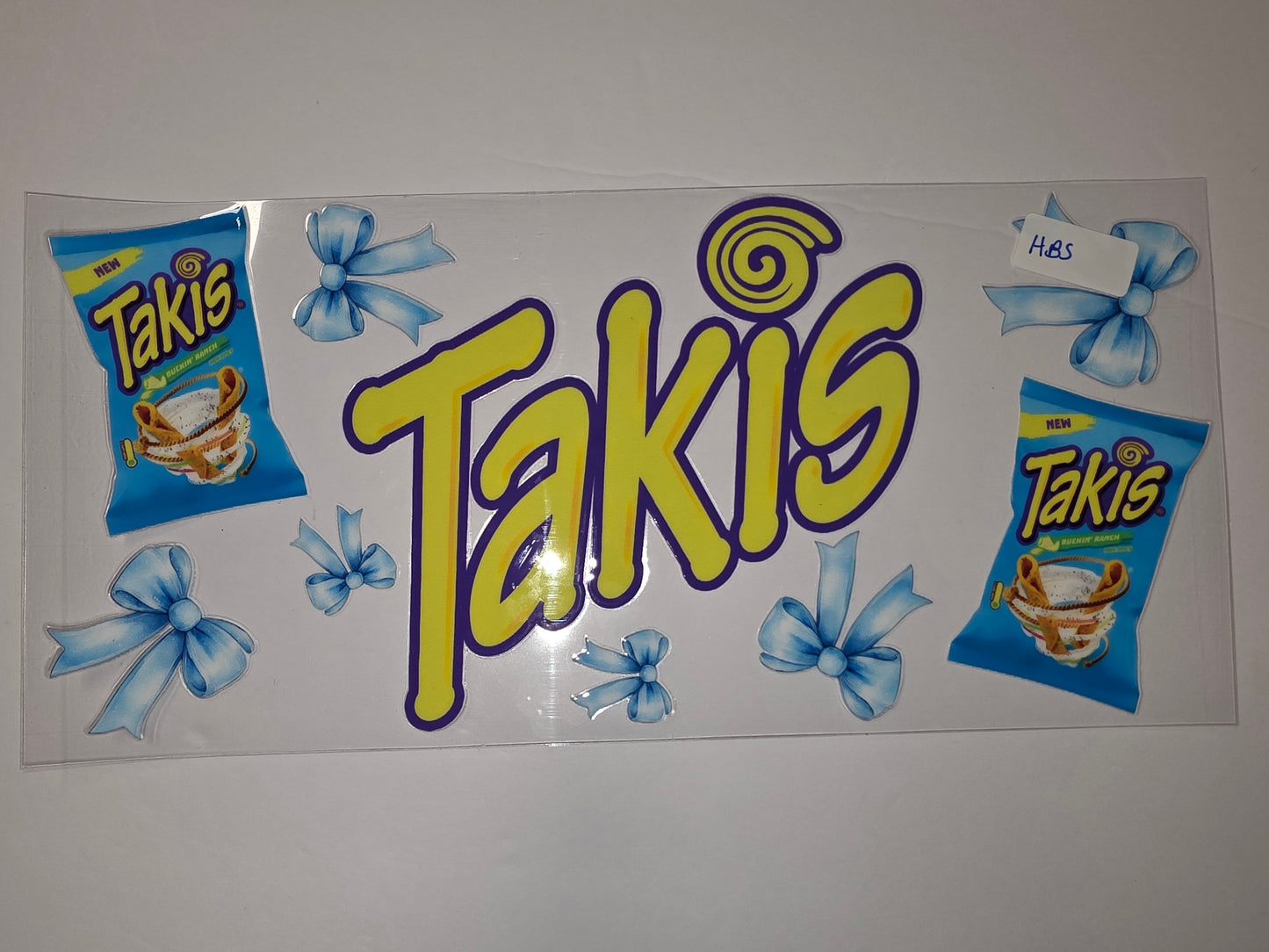 Takis Snack Inspired Tumbler Wrap with Blue Bows - Yellow & Purple Design