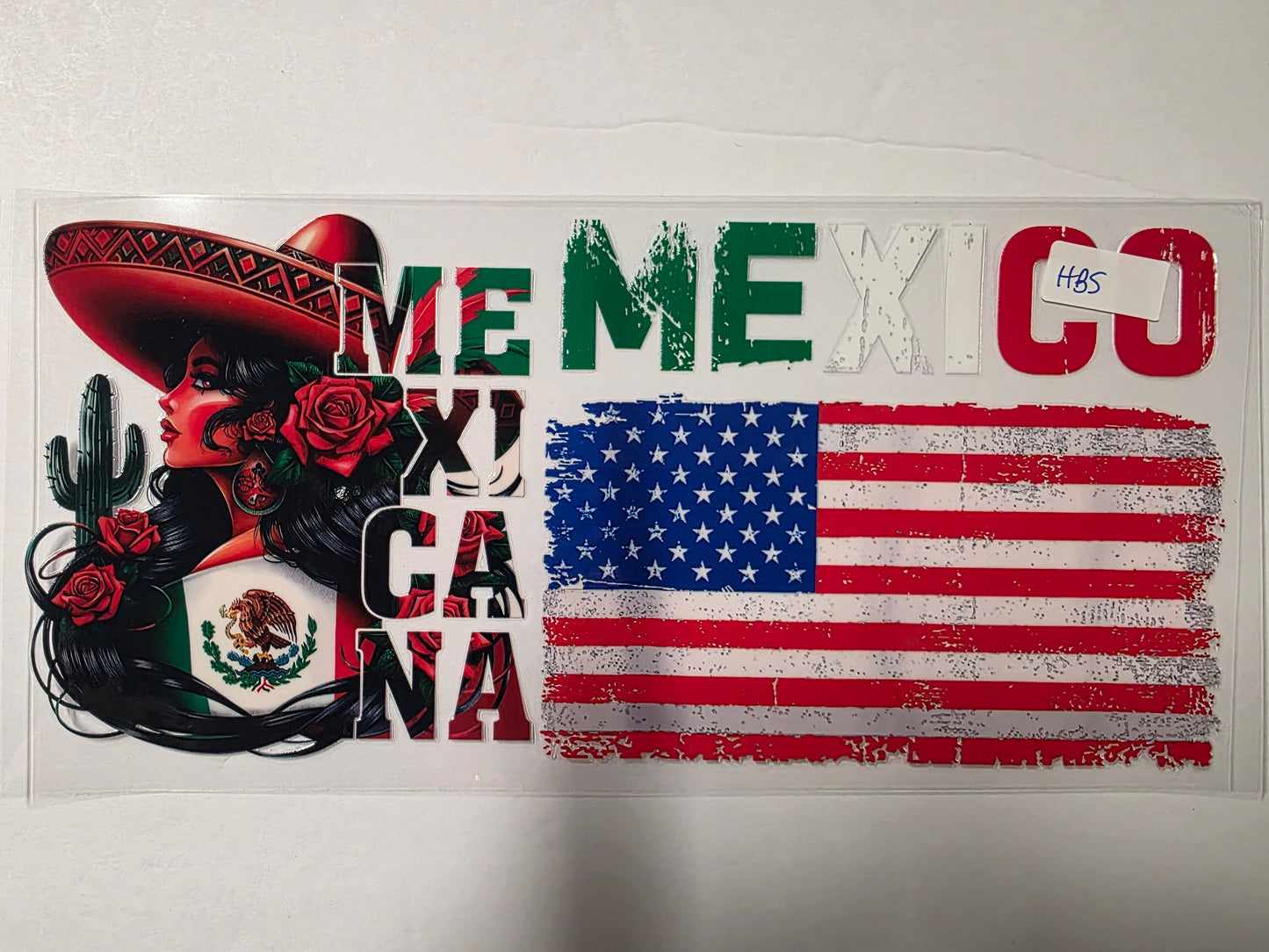 Mexican American Flag Tumbler Wrap - Red Roses & Sombrero Woman Design