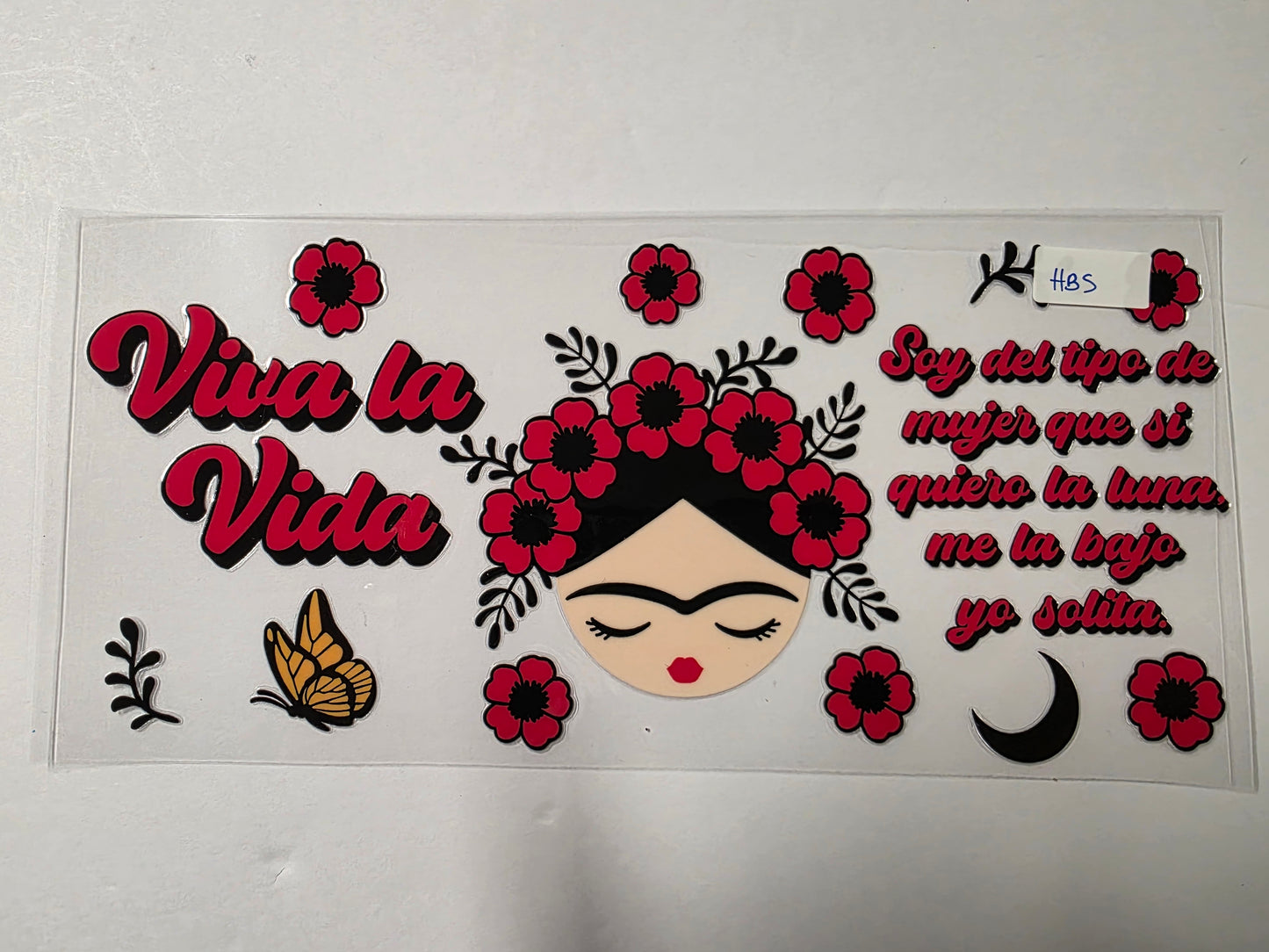 Frida Kahlo Inspired Tumbler Wrap - Viva la Vida, Red Flowers, Butterfly & Moon