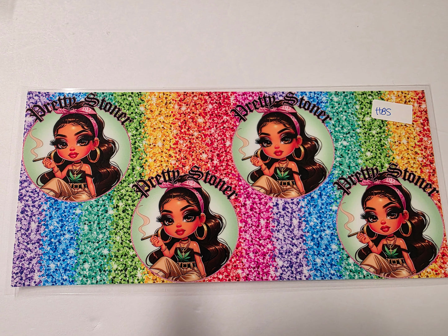 Pretty Stoner Rainbow Glitter Tumbler Wrap | Cute Cartoon Girl with Weed Leaf Design