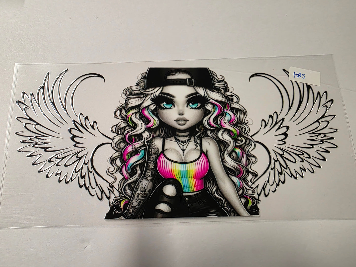 Edgy Angel Girl Tumbler Wrap - Rainbow Hair, Black & White Design