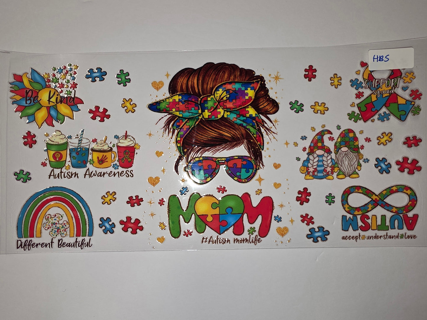 Autism Awareness Tumbler Wrap - Puzzle Pieces, Gnomes, Rainbows & Mom Life Designs