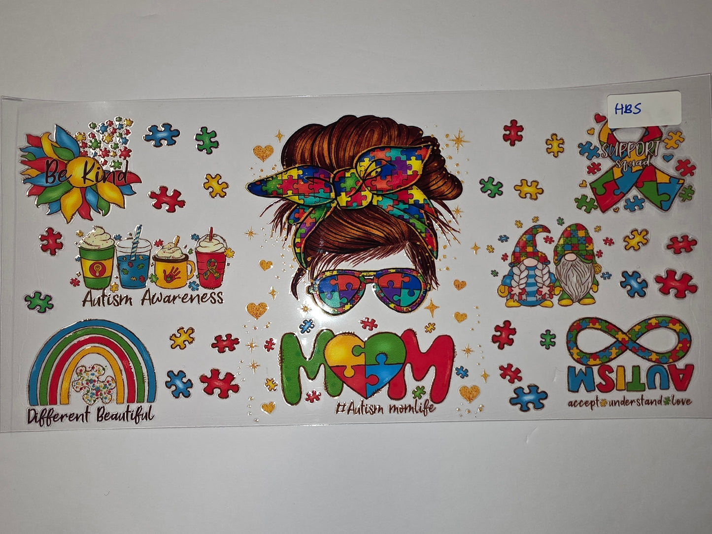Autism Awareness Tumbler Wrap - Puzzle Pieces, Gnomes, Rainbows & Mom Life Designs