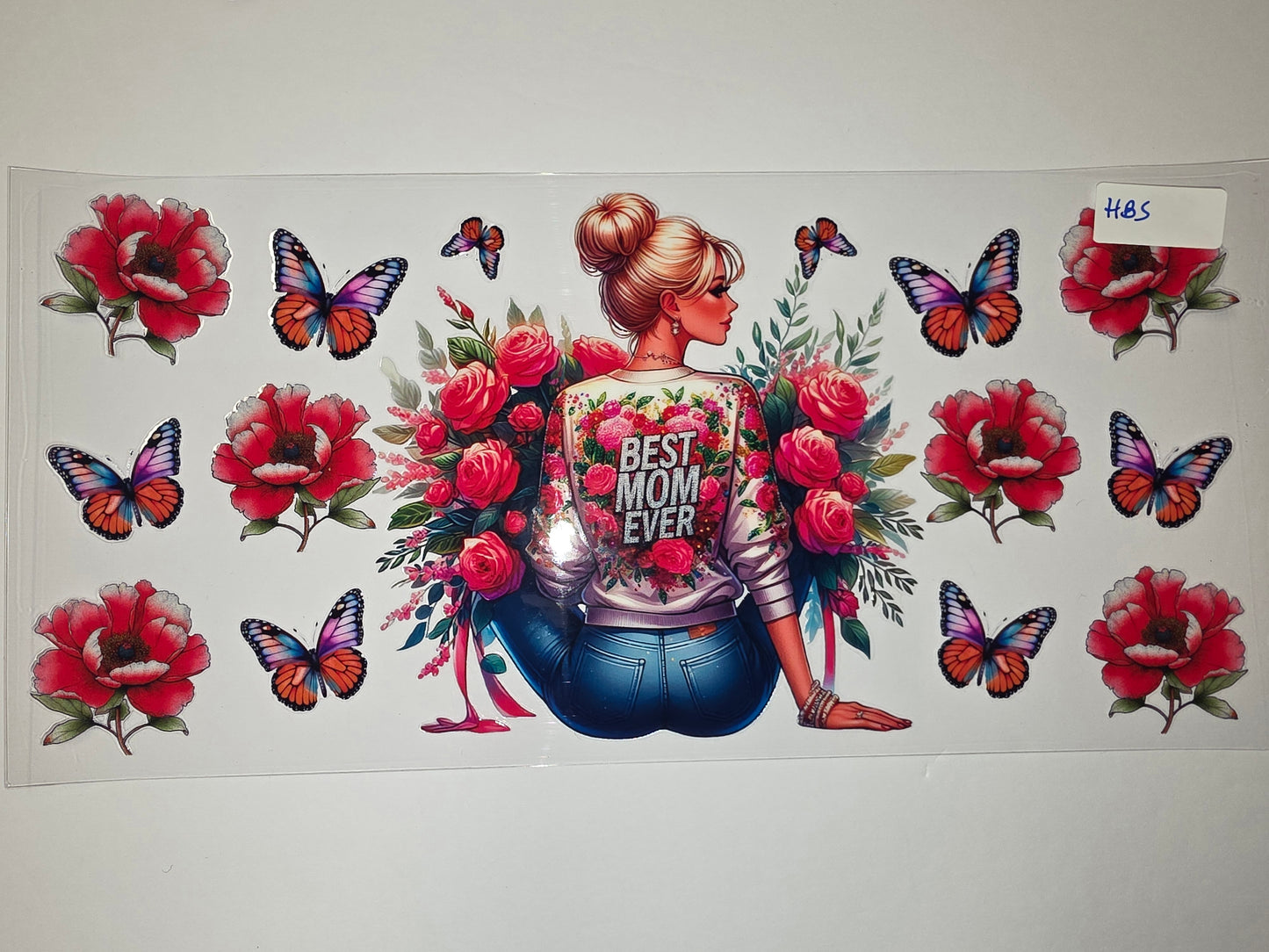 Best Mom Ever Floral Butterfly Tumbler Wrap | Red Roses & Blue Jeans Design