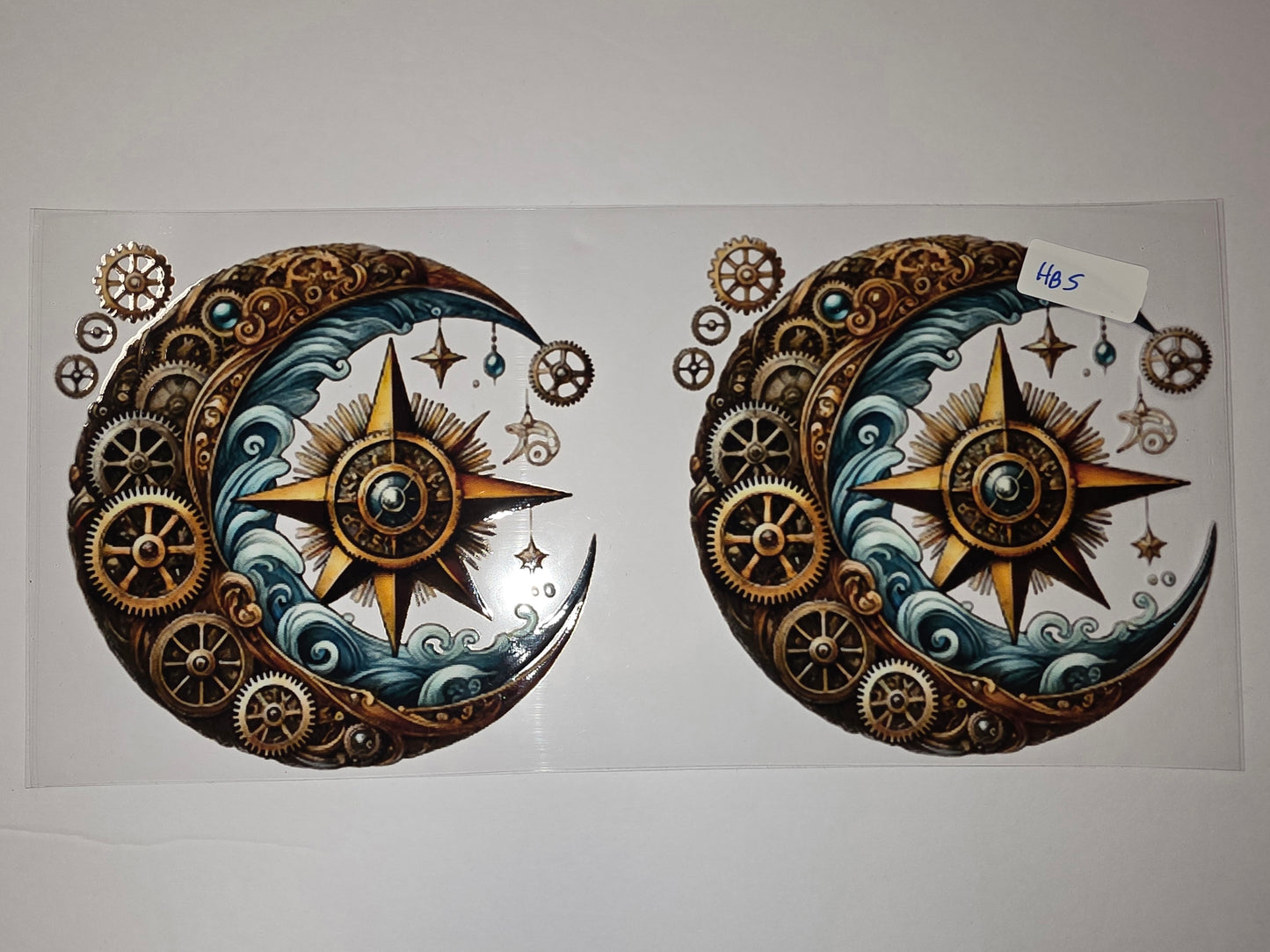 Steampunk Celestial Moon Compass Tumbler Wrap | Gears, Stars, Waves | Gold, Blue, Brown