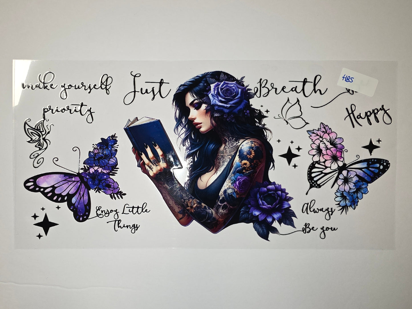 Gothic Tattoo Woman Reading Book Tumbler Wrap | Purple Butterfly & Floral Design | Sublimation Cup Art