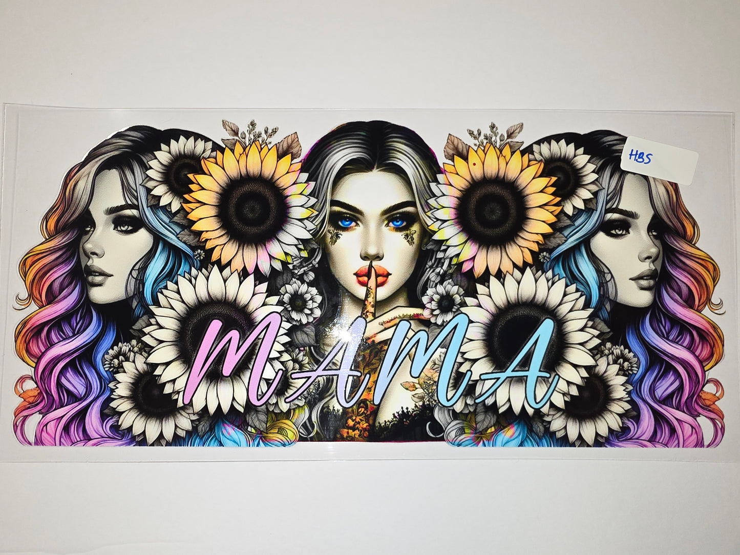 Mama Sunflower Portrait Tumbler Wrap | Vibrant Rainbow Hair & Blue Eyes Design