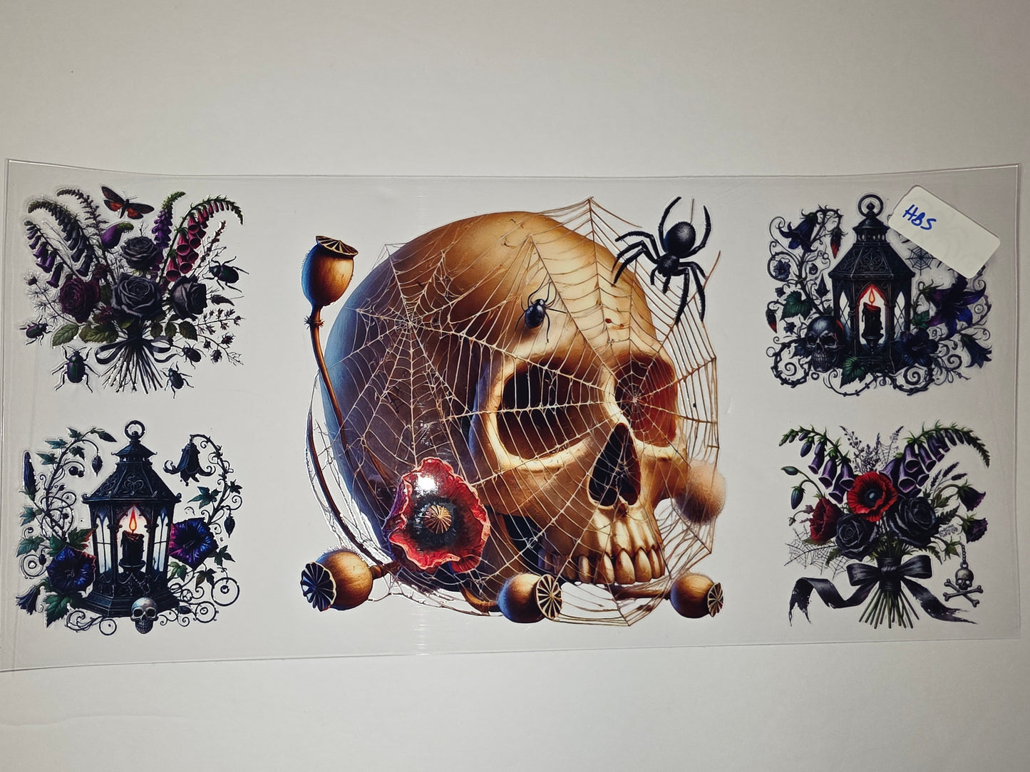 Gothic Skull & Lantern Tumbler Wrap | Dark Floral & Spiderweb Design | Halloween Drinkware