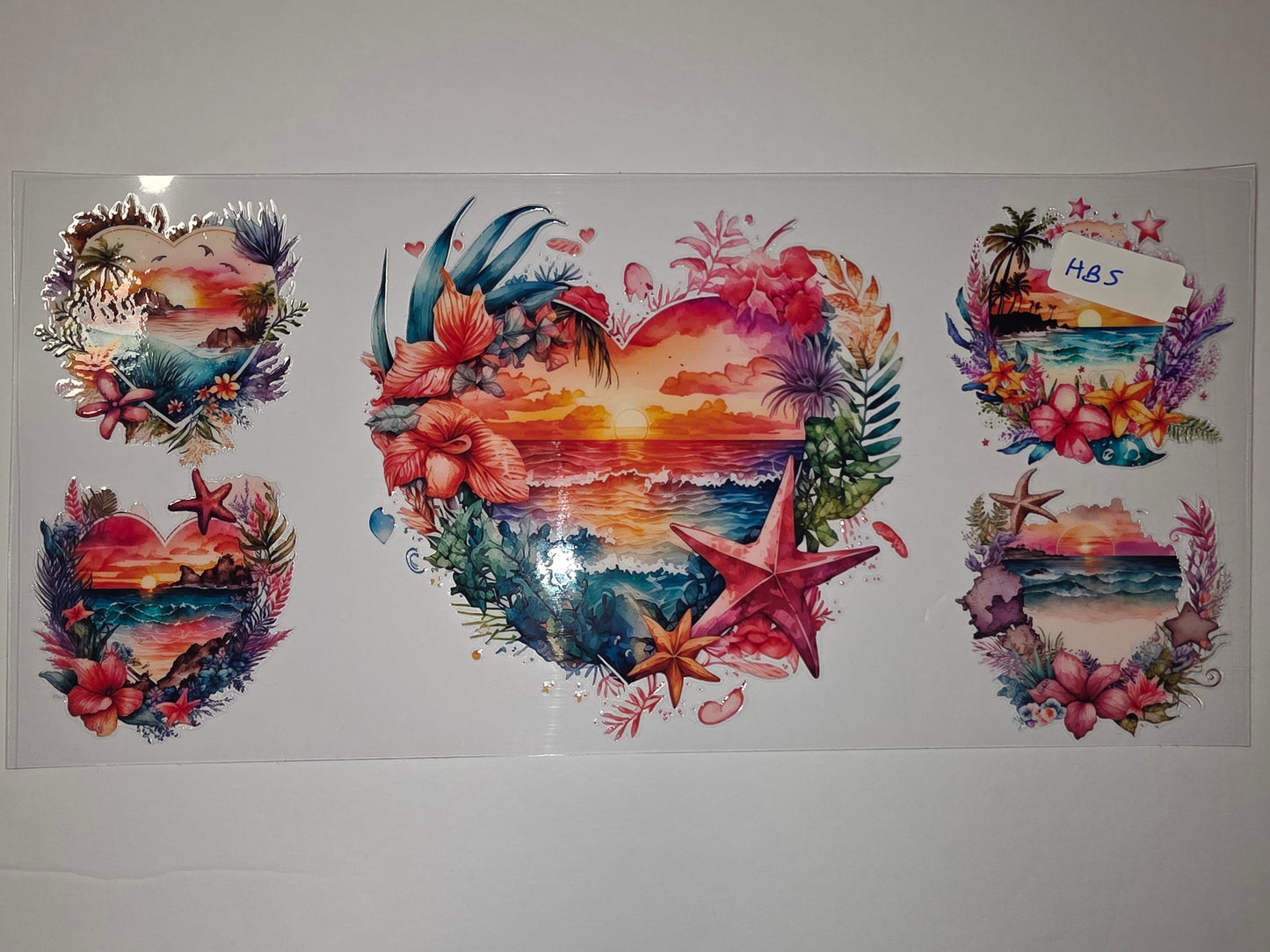 Tropical Sunset Heart Tumbler Wraps - Beach, Palm Trees, Hibiscus, Starfish - Vibrant Colors