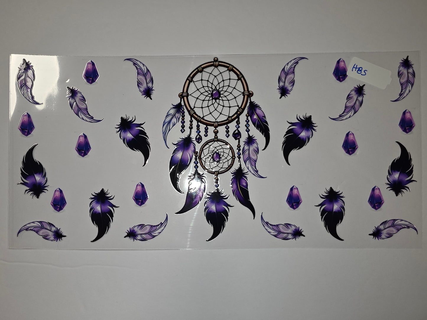 Boho Dreamcatcher Feather & Crystal Tumbler Wrap - Purple & Black Sublimation Design