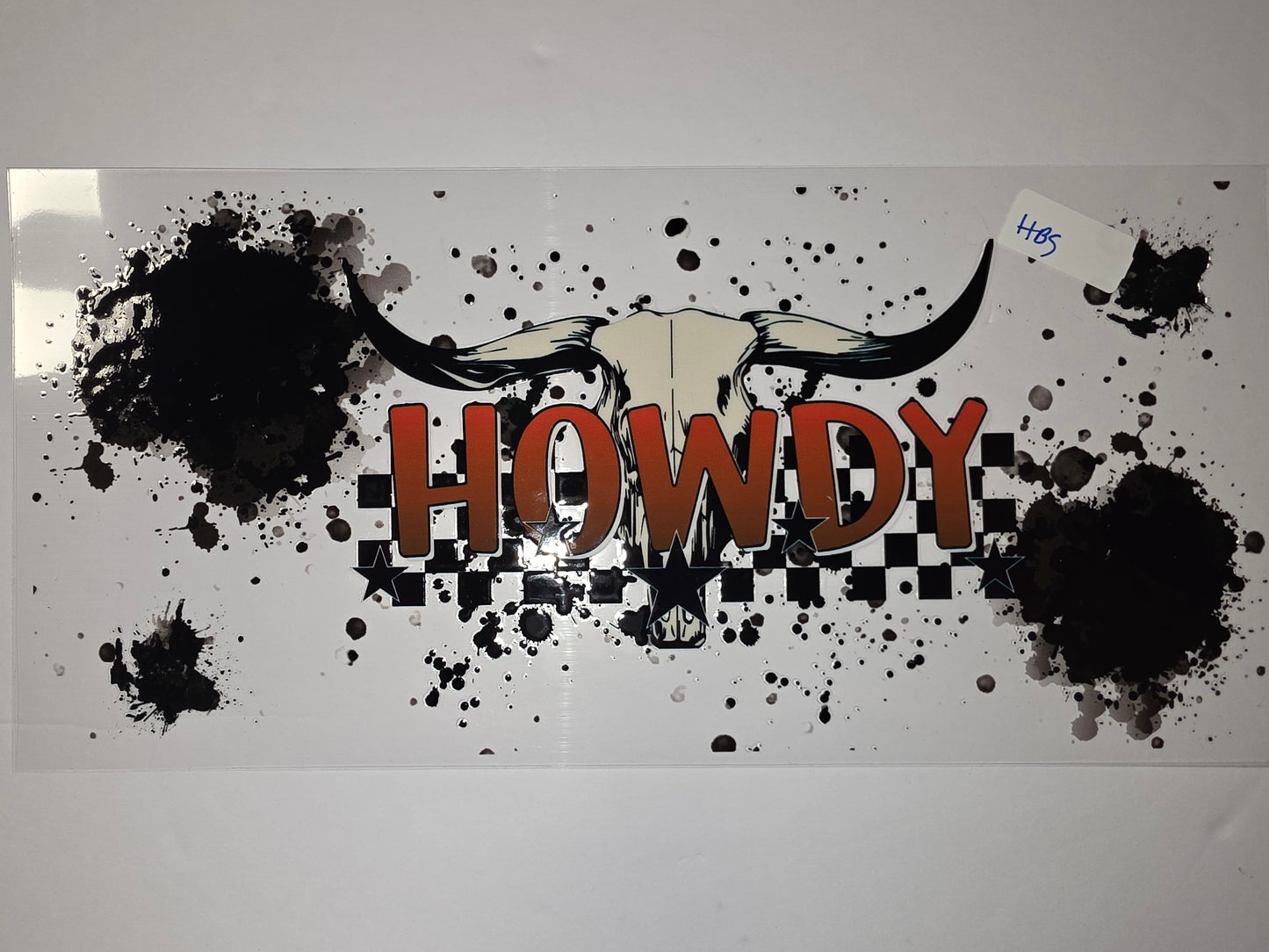 Western "Howdy" Skull Tumbler Wrap - Black Splatter & Checkered Stars Design