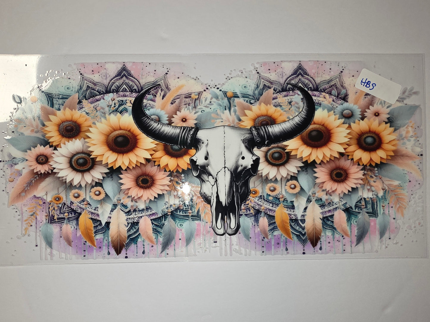 Boho Bull Skull Sunflower Mandala Tumbler Wrap | Western Bohemian Floral Drinkware Design