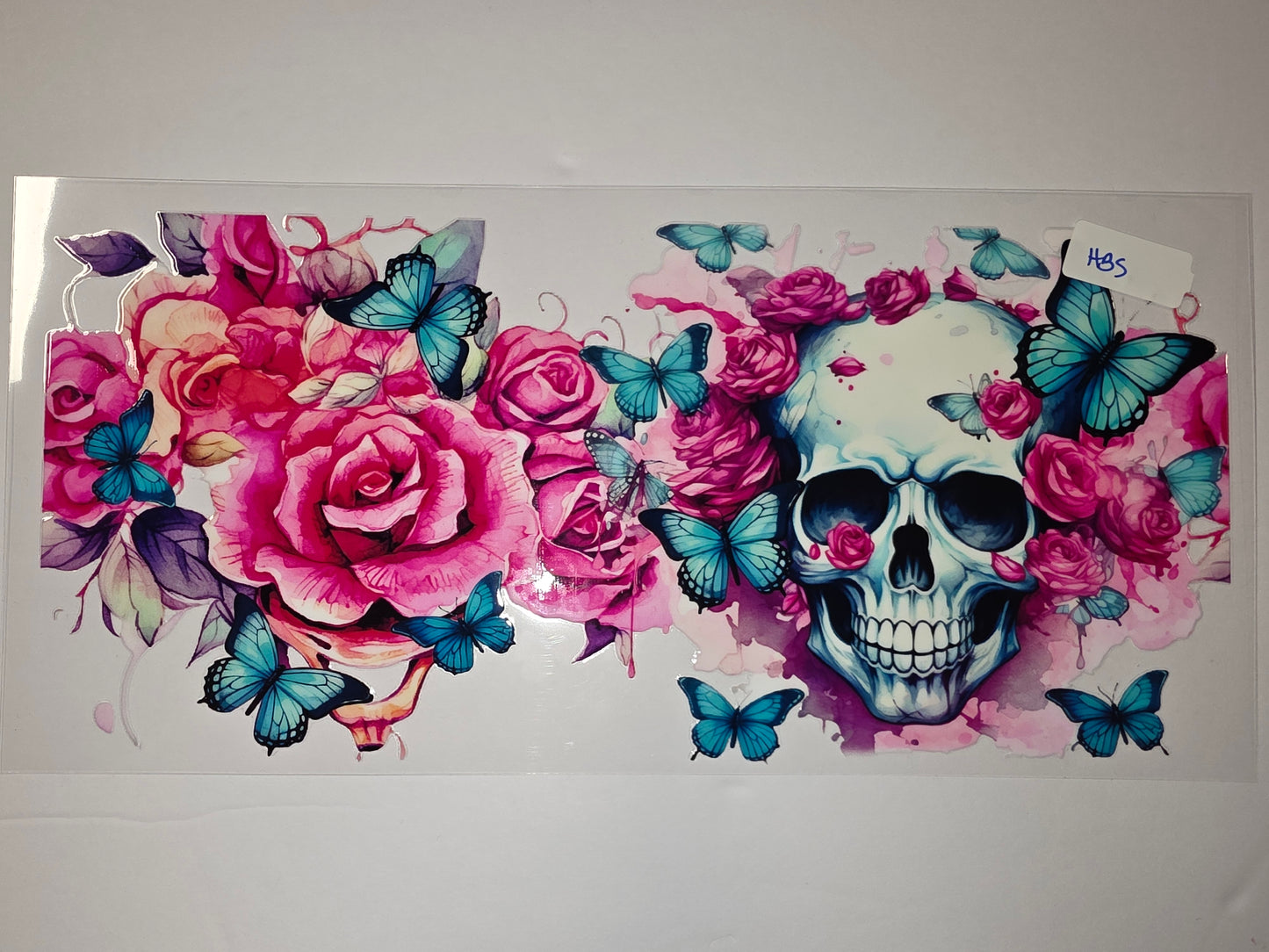Gothic Skull & Roses Tumbler Wrap | Pink Roses, Teal Butterflies | Sublimation Design